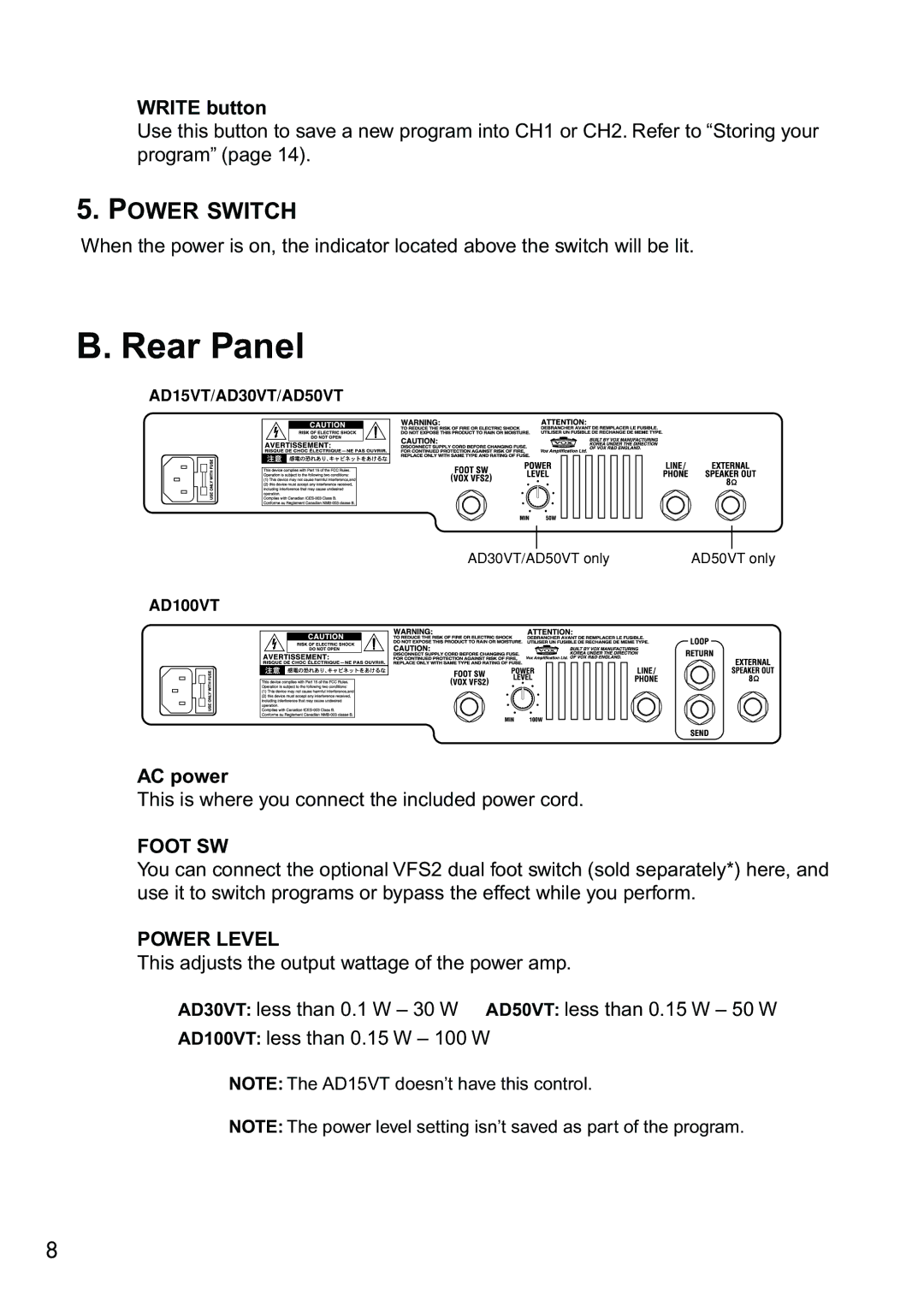 Vox AD30VT, AD50VT, AD10VT, AD15VT manual Power Switch, Write button, AC power, Foot SW, Power Level 