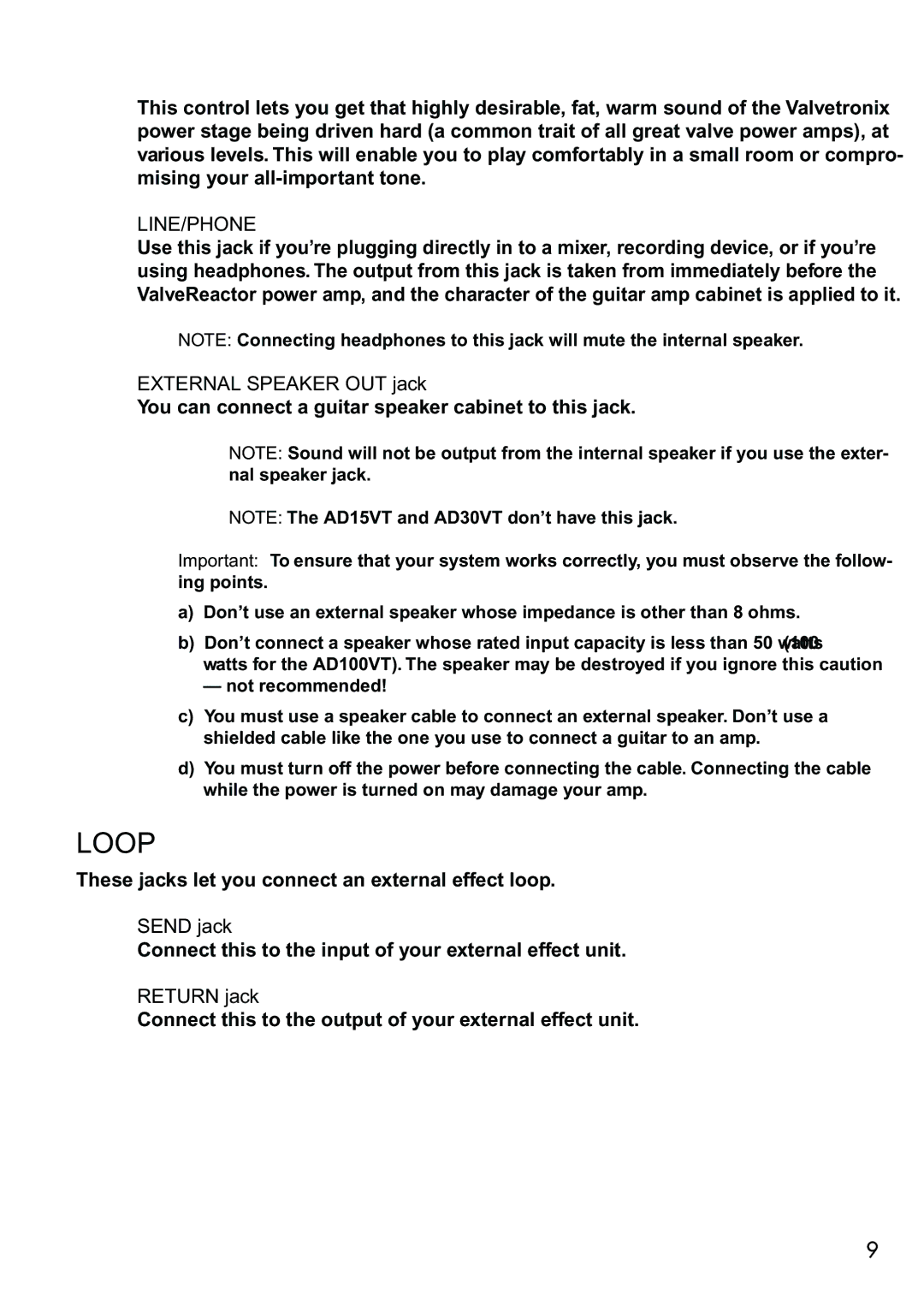 Vox AD50VT, AD30VT, AD10VT, AD15VT manual Line/Phone, External Speaker OUT jack, Send jack, Return jack 