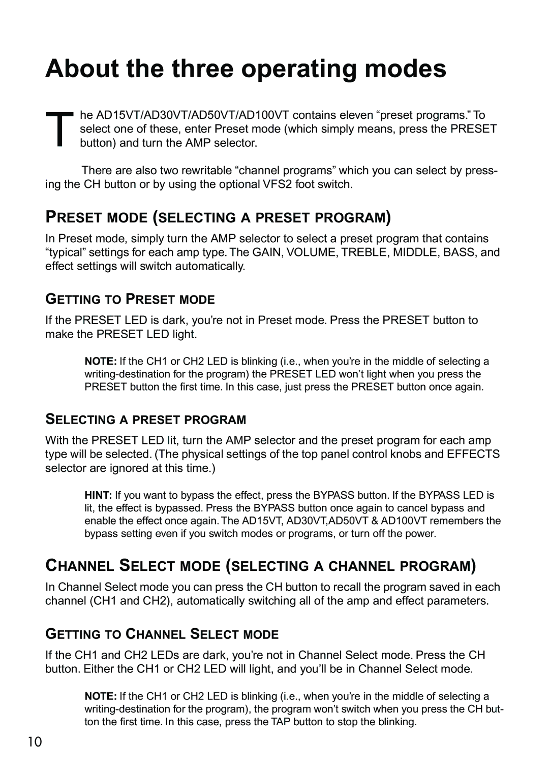 Vox AD10VT, AD30VT, AD50VT, AD15VT manual About the three operating modes, Preset Mode Selecting a Preset Program 