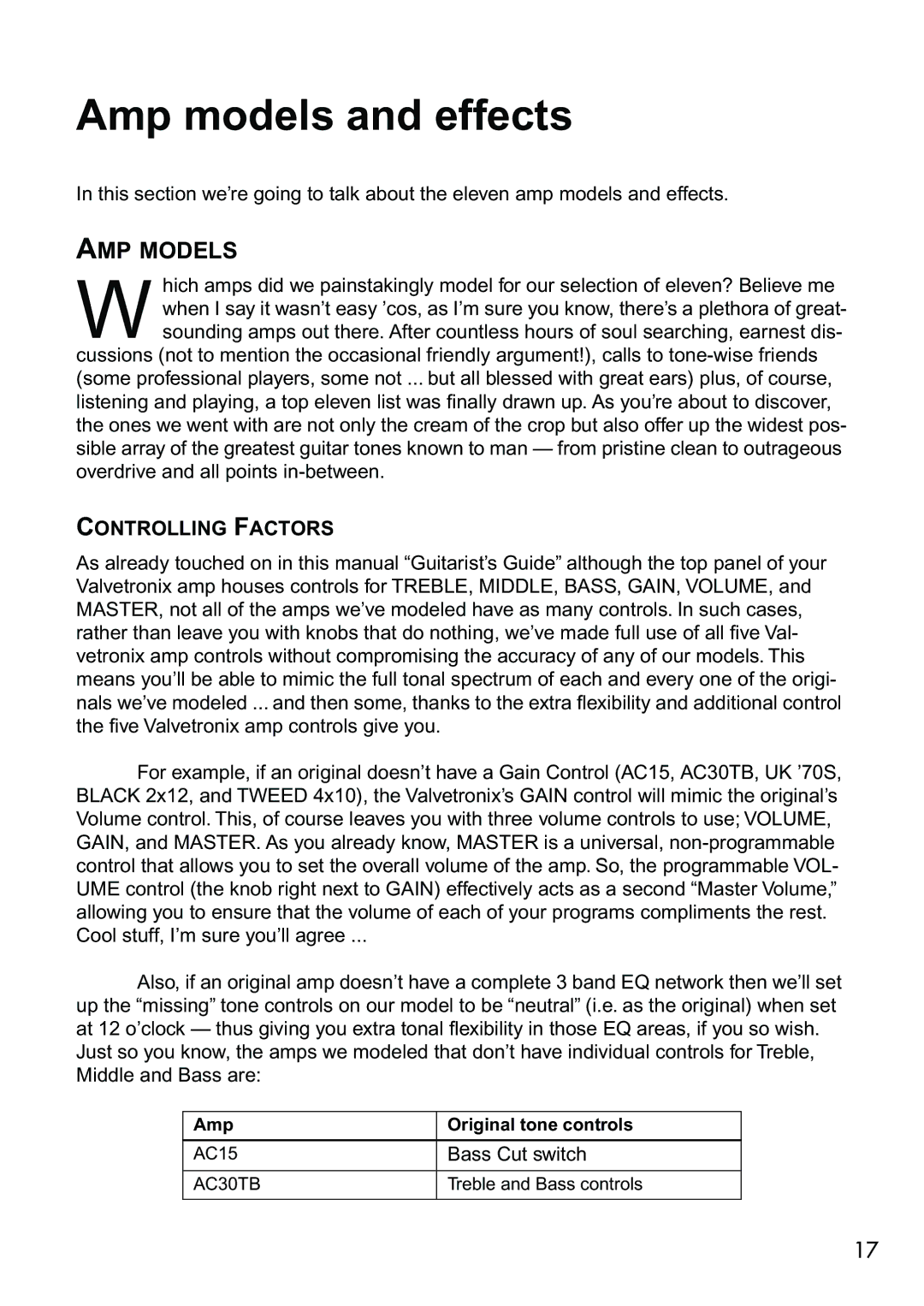 Vox AD50VT, AD30VT, AD10VT, AD15VT manual Amp models and effects, AMP Models, Controlling Factors 
