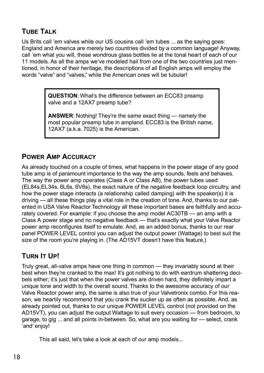 Vox AD10VT, AD30VT, AD50VT, AD15VT manual Tube Talk, Power AMP Accuracy, Turn IT UP 