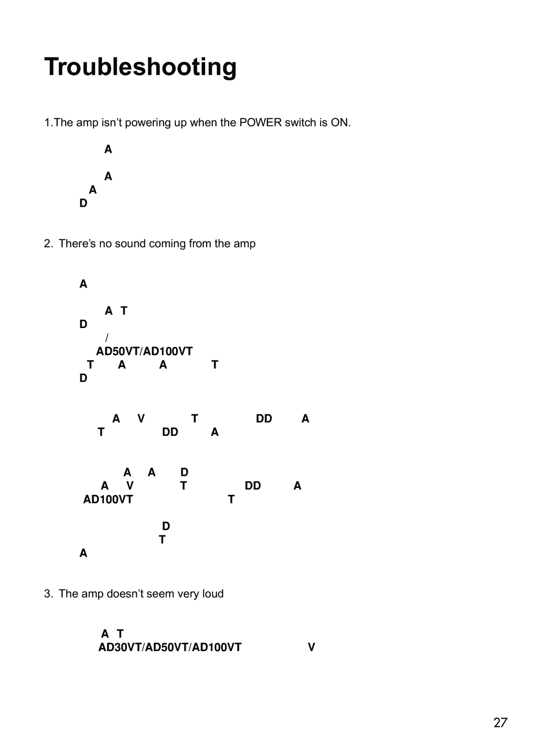 Vox AD15VT, AD30VT, AD50VT, AD10VT manual Troubleshooting, Amp isn’t powering up when the Power switch is on 