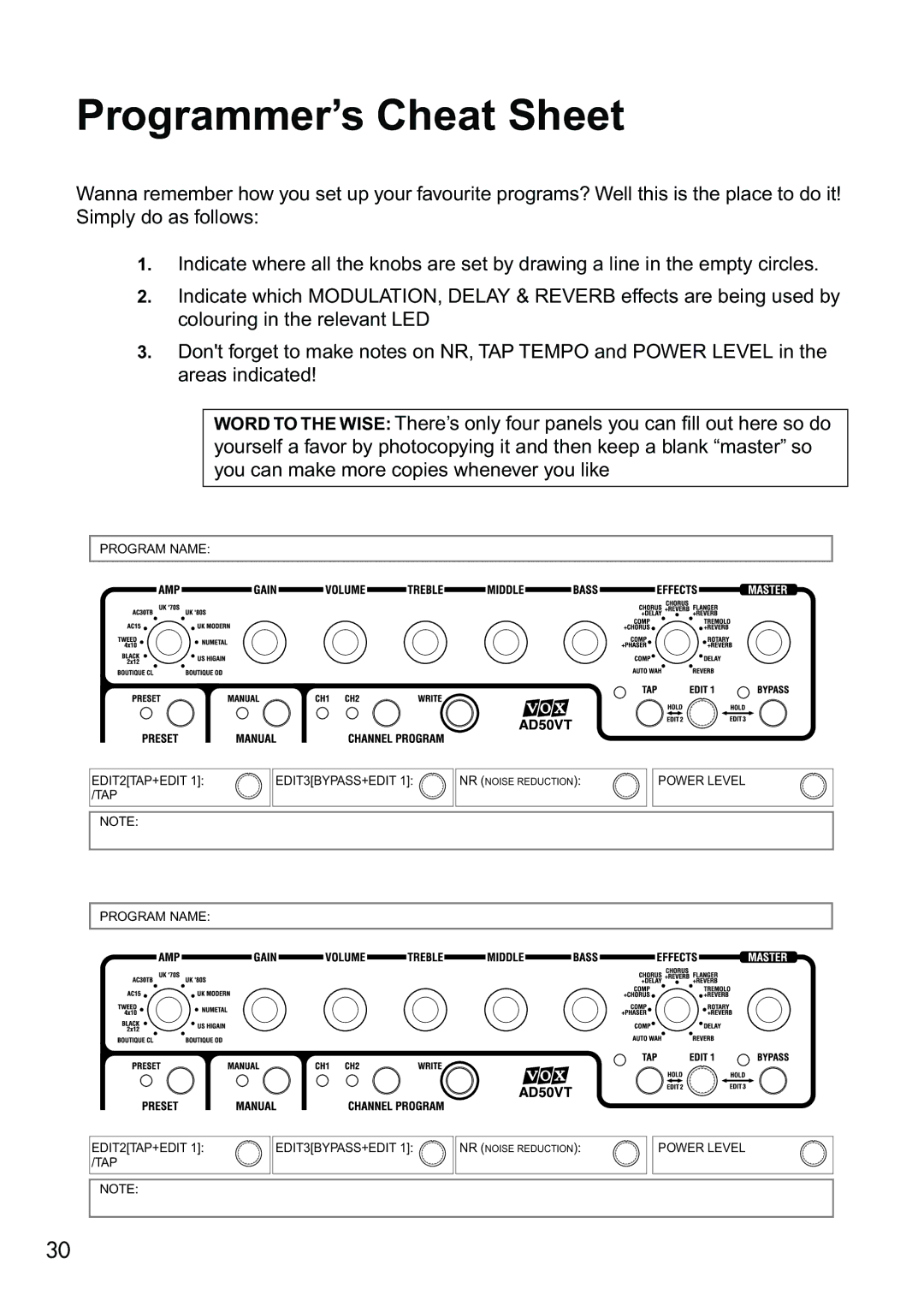 Vox AD10VT, AD30VT, AD50VT, AD15VT manual Programmer’s Cheat Sheet 