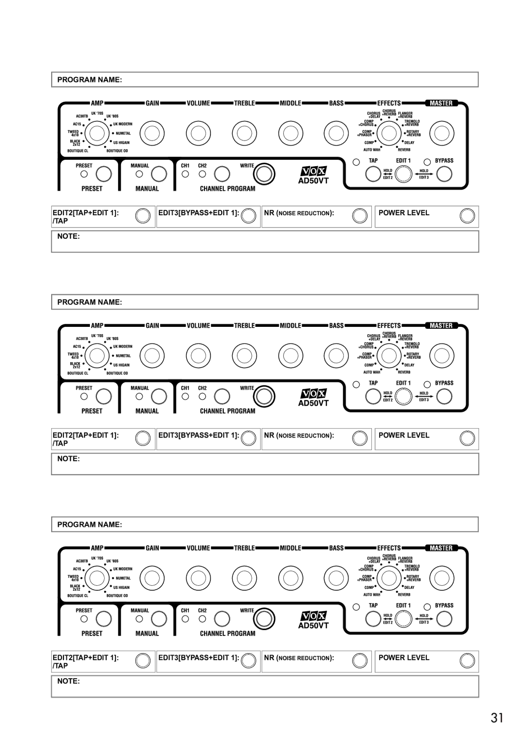 Vox AD15VT, AD30VT, AD50VT, AD10VT manual Program Name EDIT2TAP+EDIT 1 /TAP 
