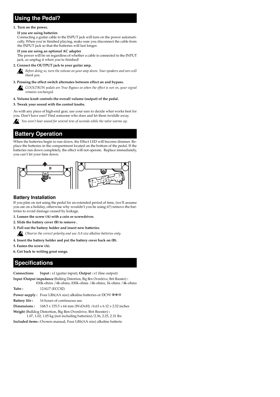 Vox Cooltron owner manual Using the Pedal?, Battery Operation, Specifications, Battery Installation 