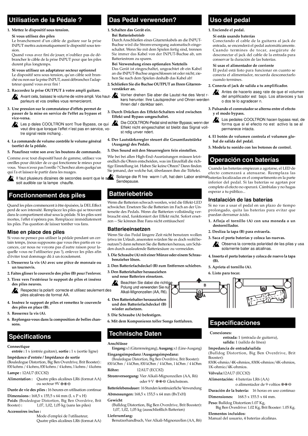 Vox Cooltron Fonctionnement des piles, Batteriebetrieb, Operación con baterías, Spécifications, Especificaciones 