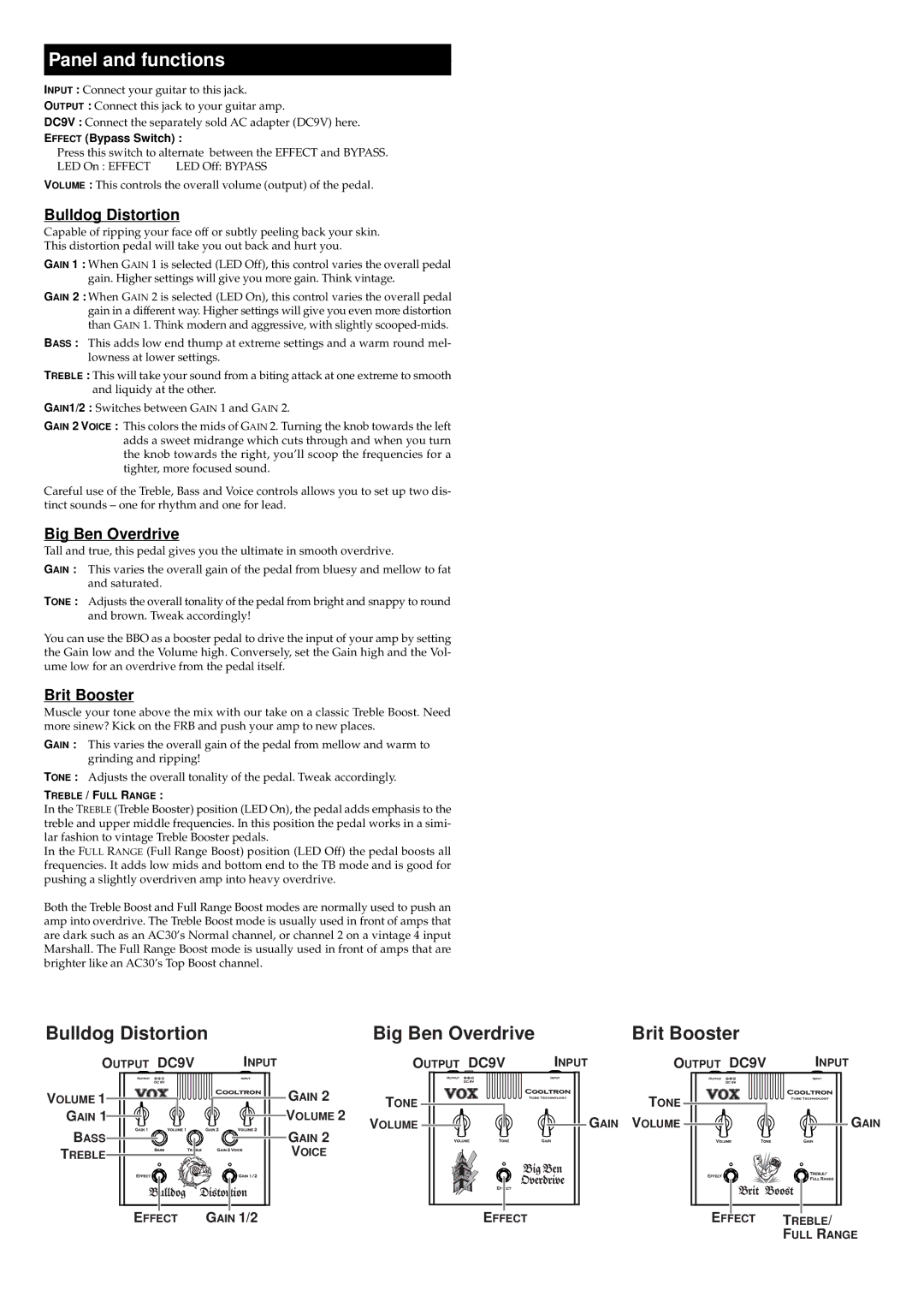 Vox Cooltron owner manual Panel and functions, Bulldog Distortion, Big Ben Overdrive, Brit Booster, Effect Bypass Switch 