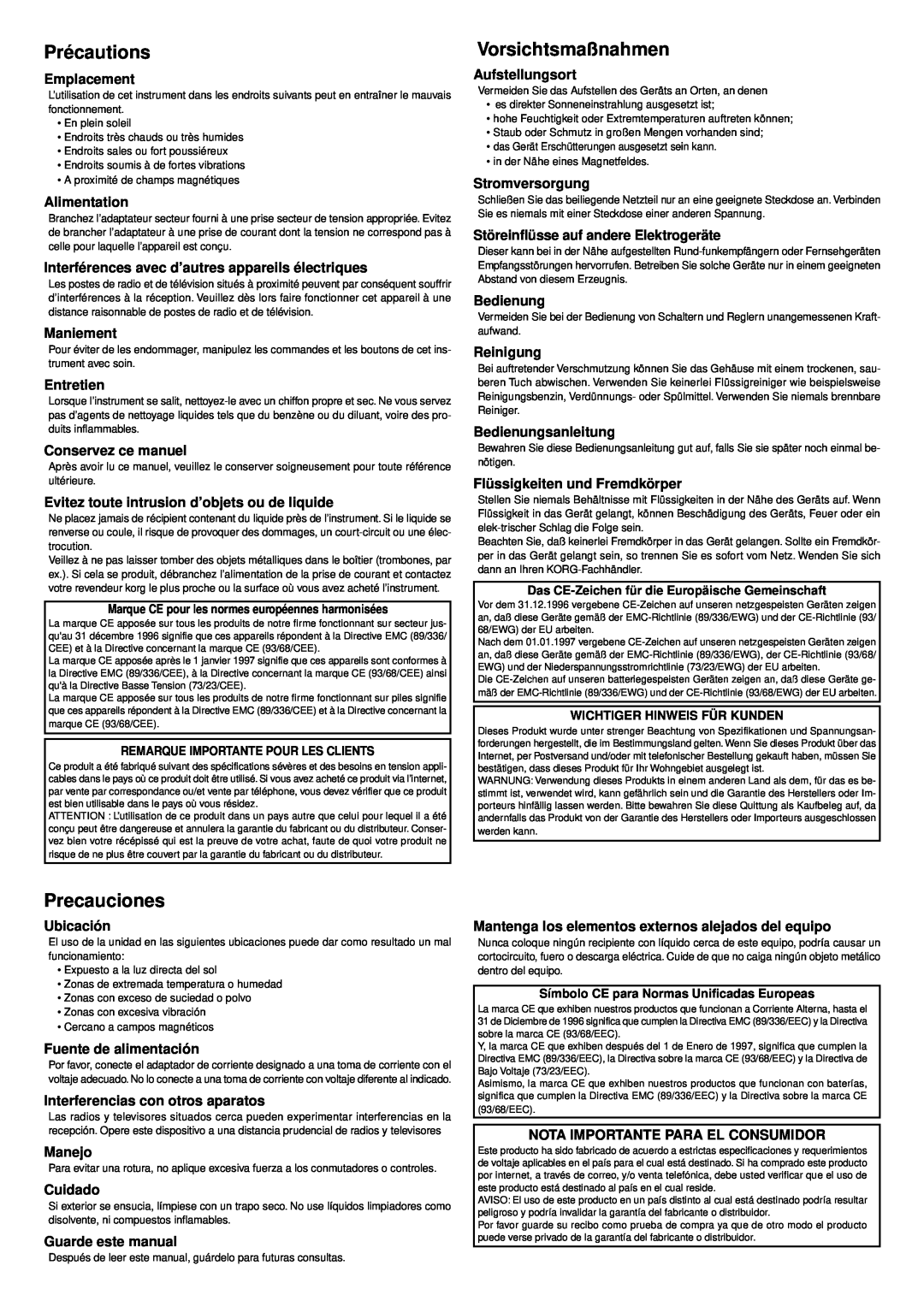 Vox Cooltron owner manual Précautions, Vorsichtsmaßnahmen, Precauciones 