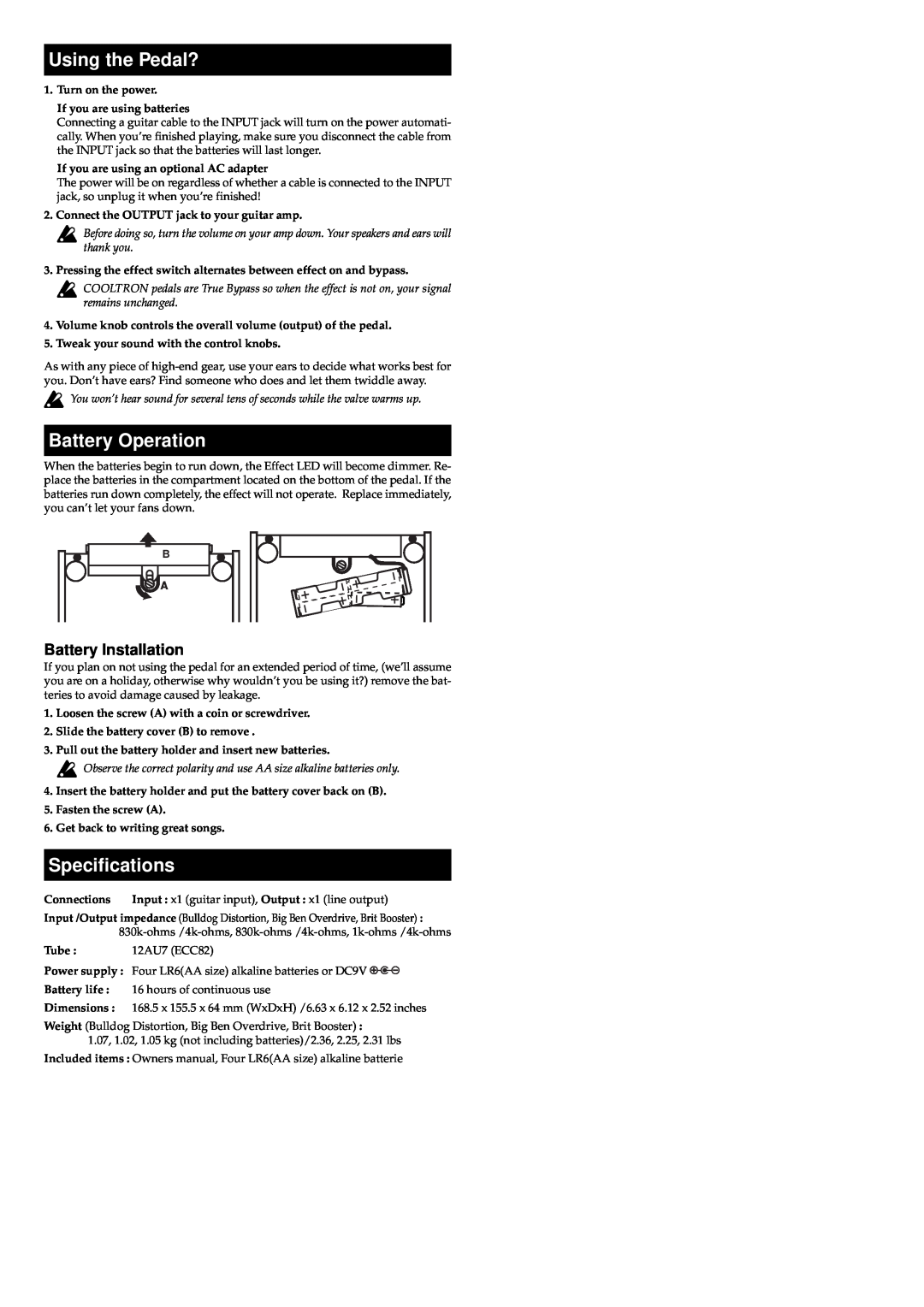 Vox Cooltron owner manual Using the Pedal?, Battery Operation, Specifications, Battery Installation 