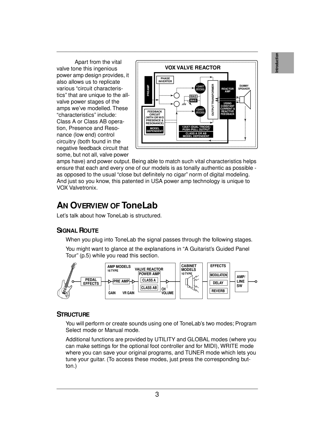 Vox E 1 owner manual AN Overview of ToneLab, Signal Route, Structure 