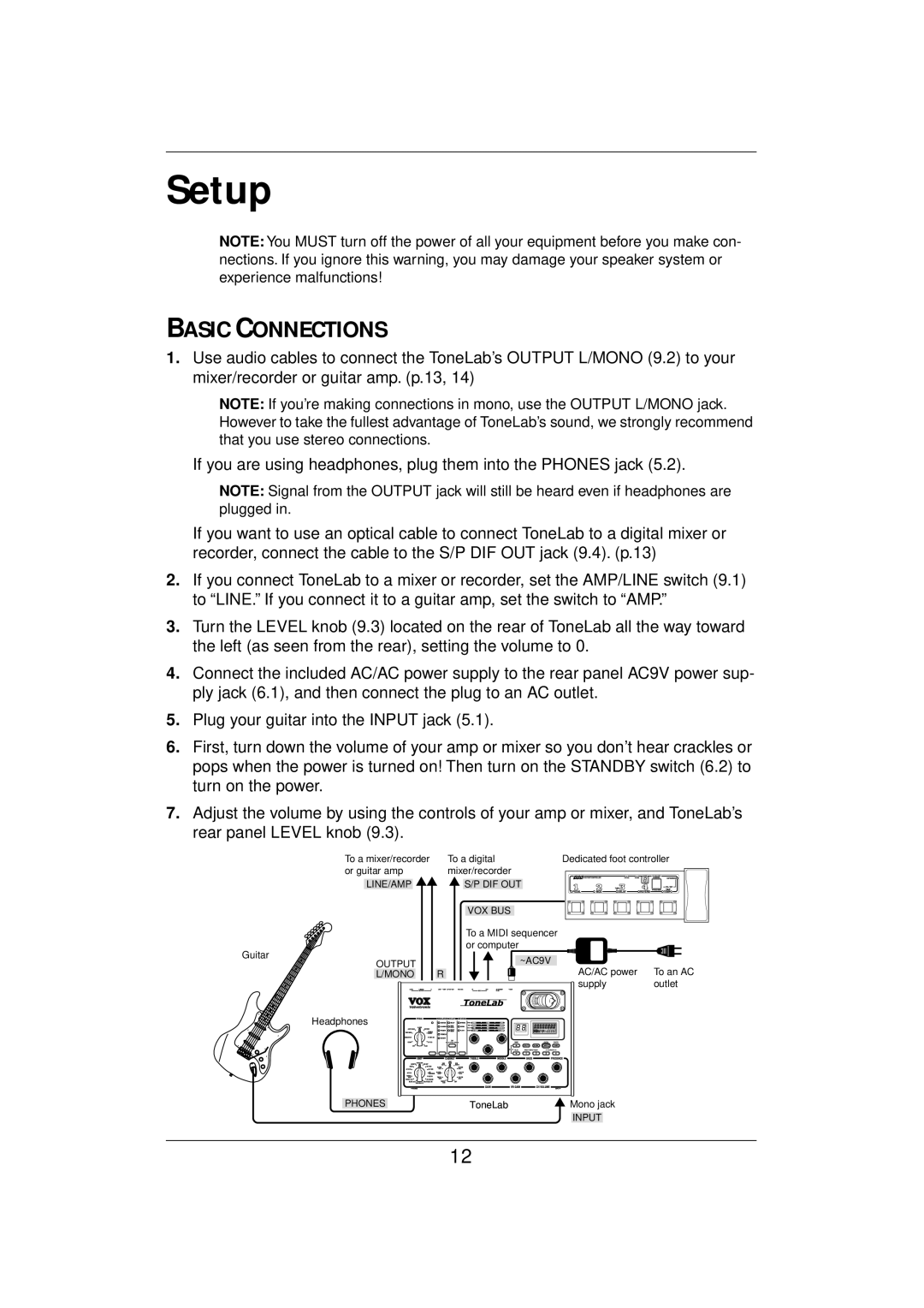 Vox E 1 owner manual Setup, Basic Connections 