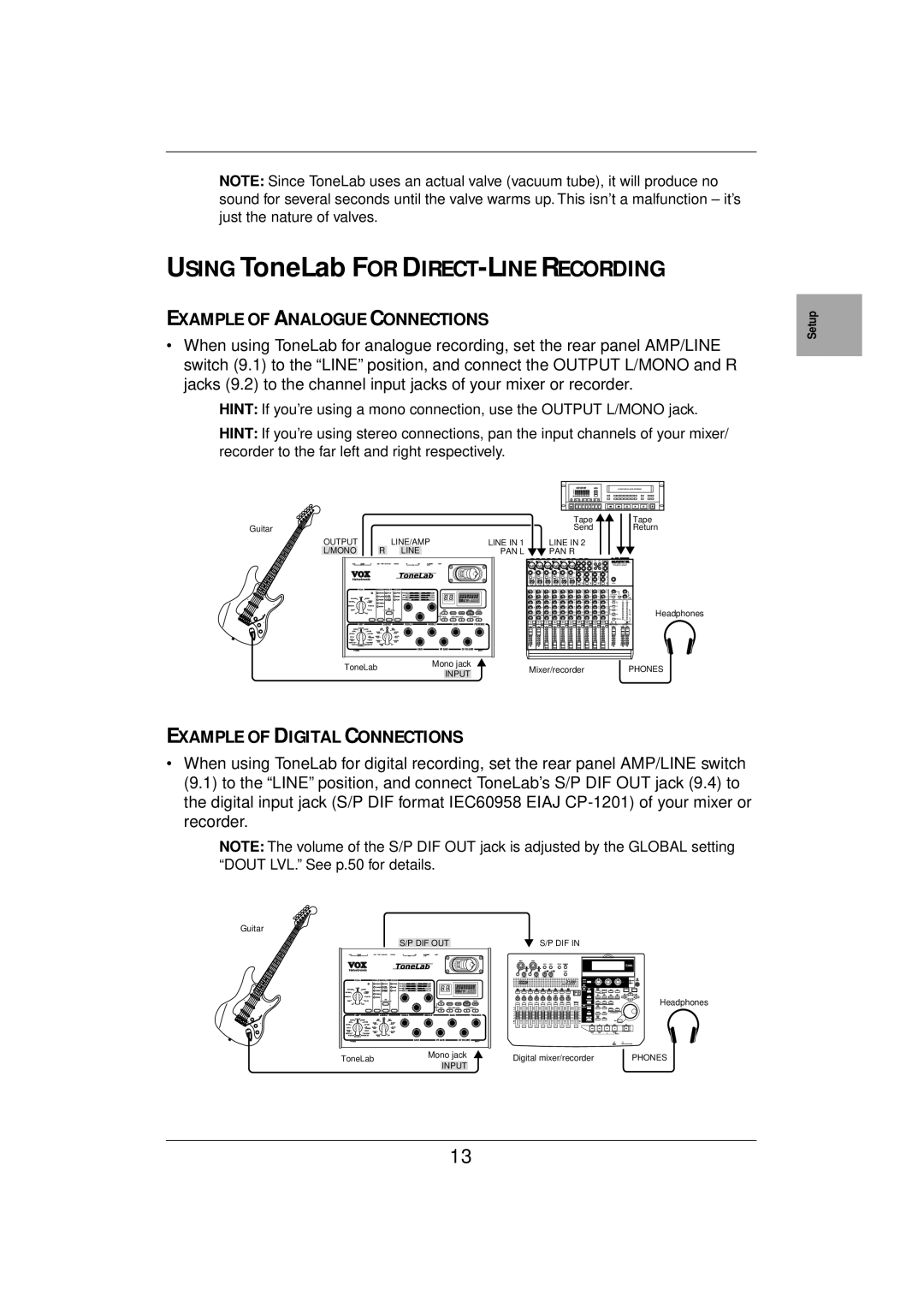 Vox E 1 Using ToneLab for DIRECT-LINE Recording, Example of Analogue Connections, Example of Digital Connections 