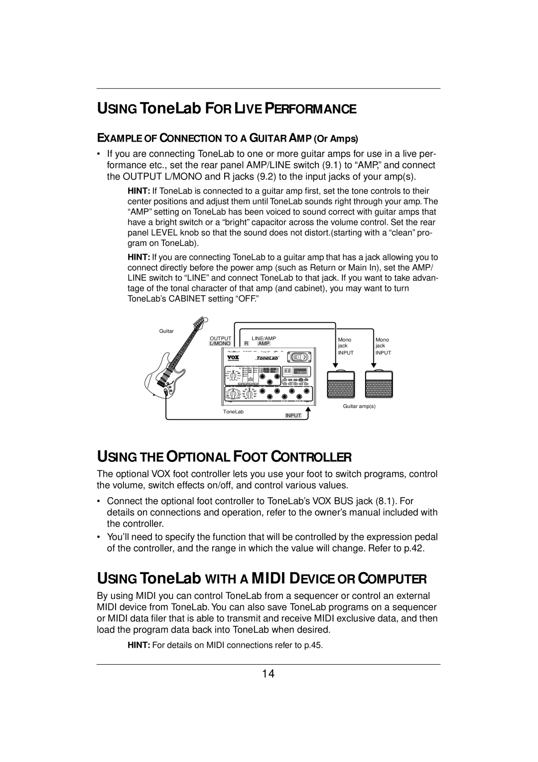 Vox E 1 owner manual Using ToneLab for Live Performance, Using the Optional Foot Controller 