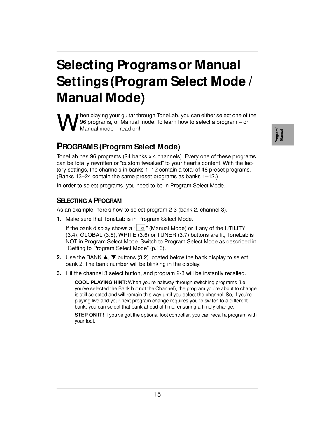 Vox E 1 owner manual Programs Program Select Mode, Selecting a Program 