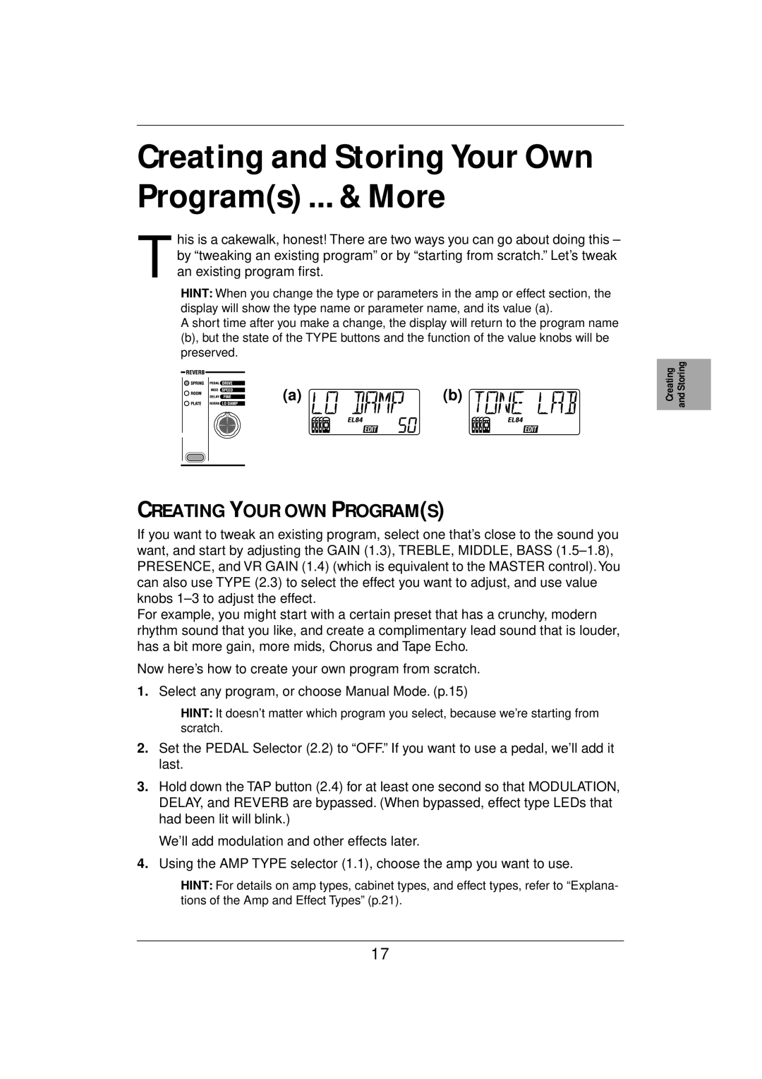 Vox E 1 owner manual Creating and Storing Your Own Programs ... & More, Creating Your OWN Programs 