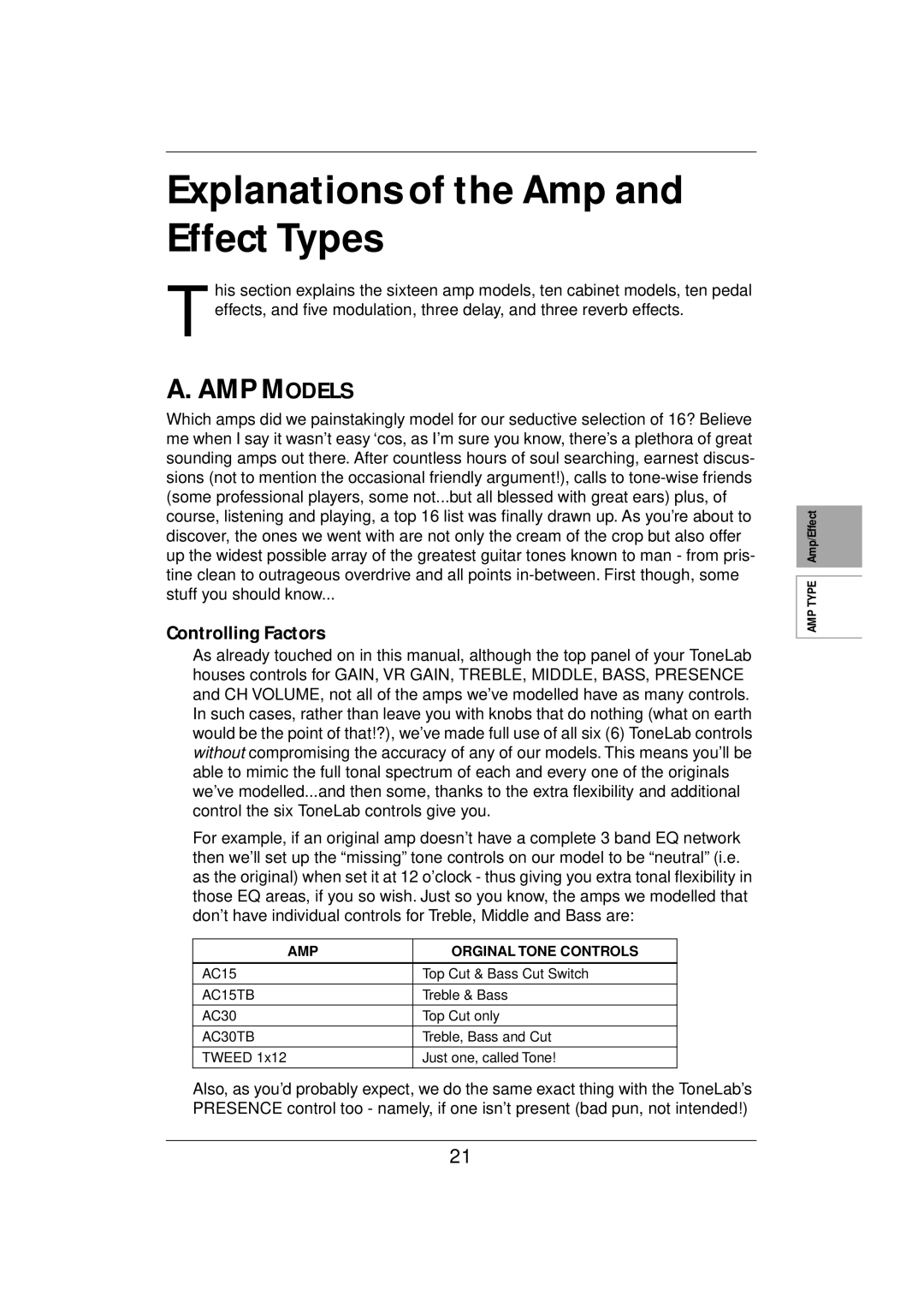 Vox E 1 owner manual Explanations of the Amp and Effect Types, AMP Models 