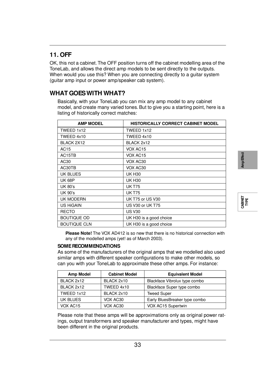 Vox E 1 owner manual Off, What Goes with WHAT?, Some Recommendations 