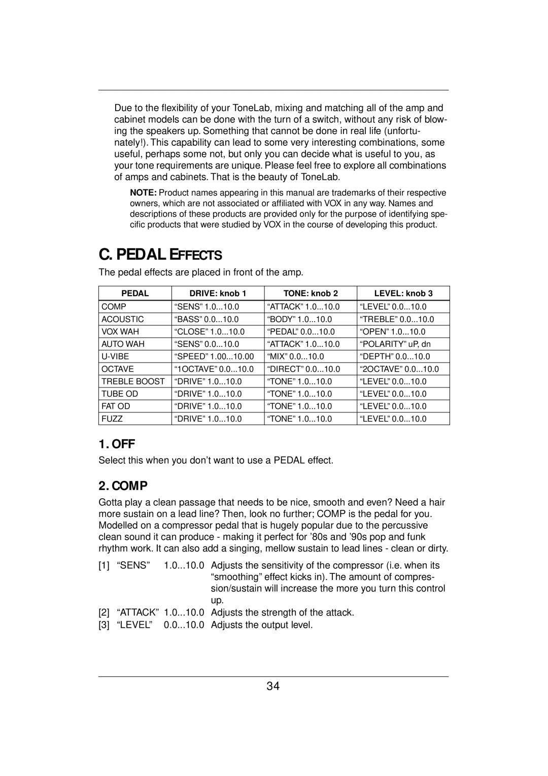Vox E 1 owner manual Pedal Effects, Comp 