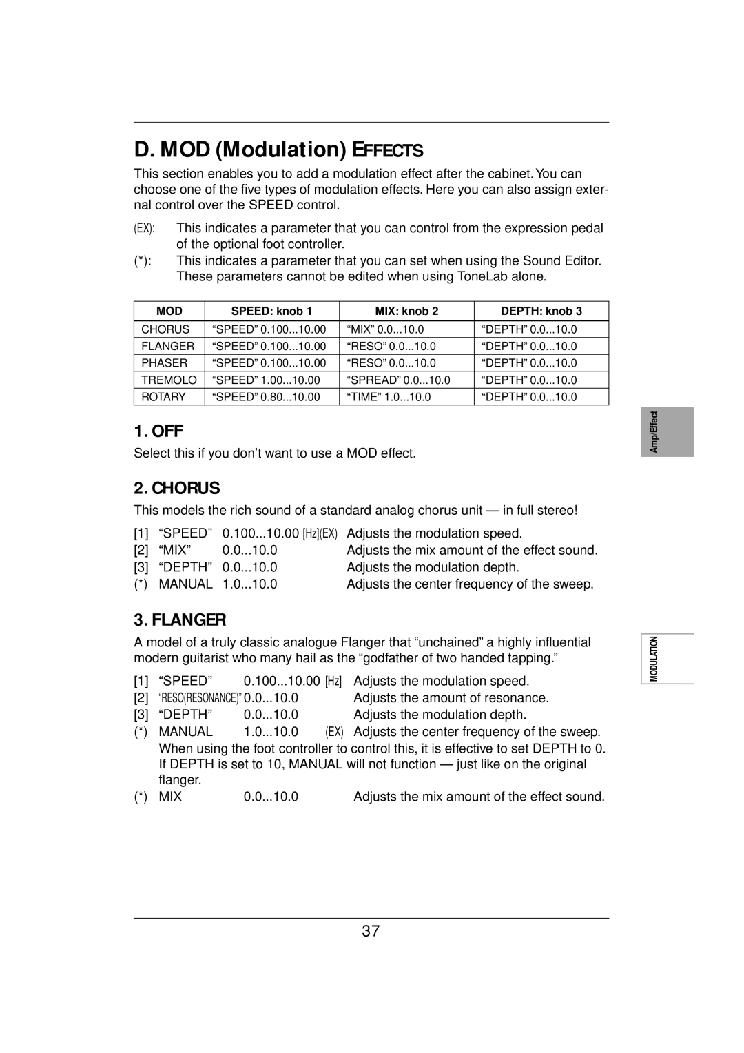 Vox E 1 owner manual Chorus, Flanger 