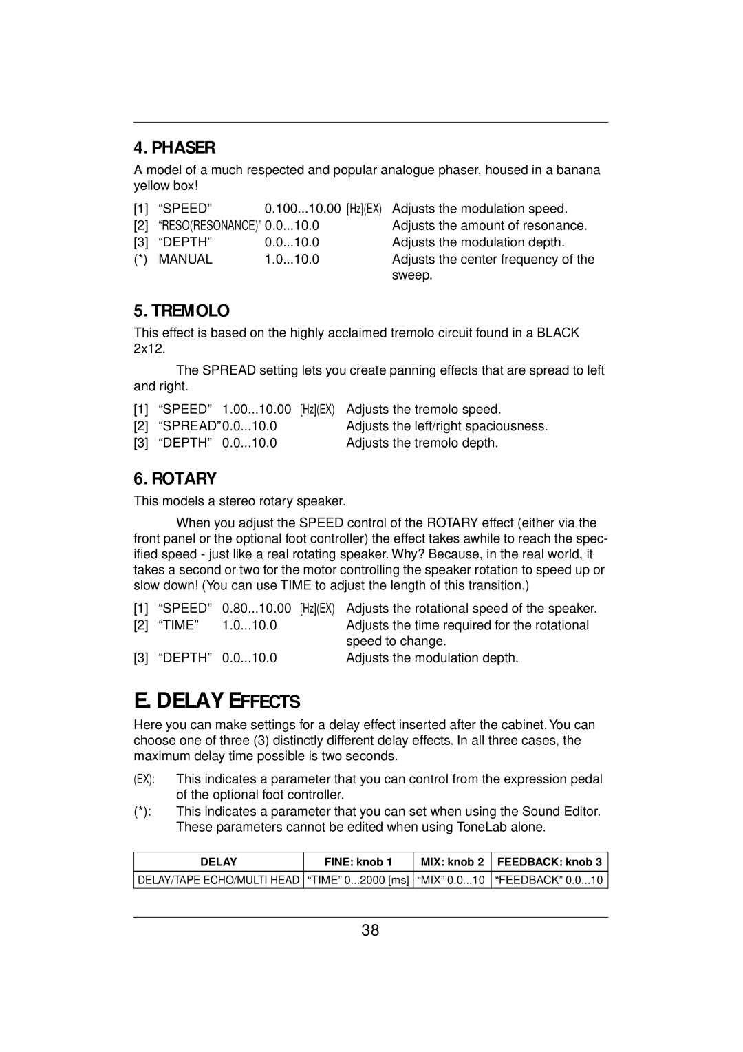 Vox E 1 owner manual Phaser, Tremolo, Rotary 