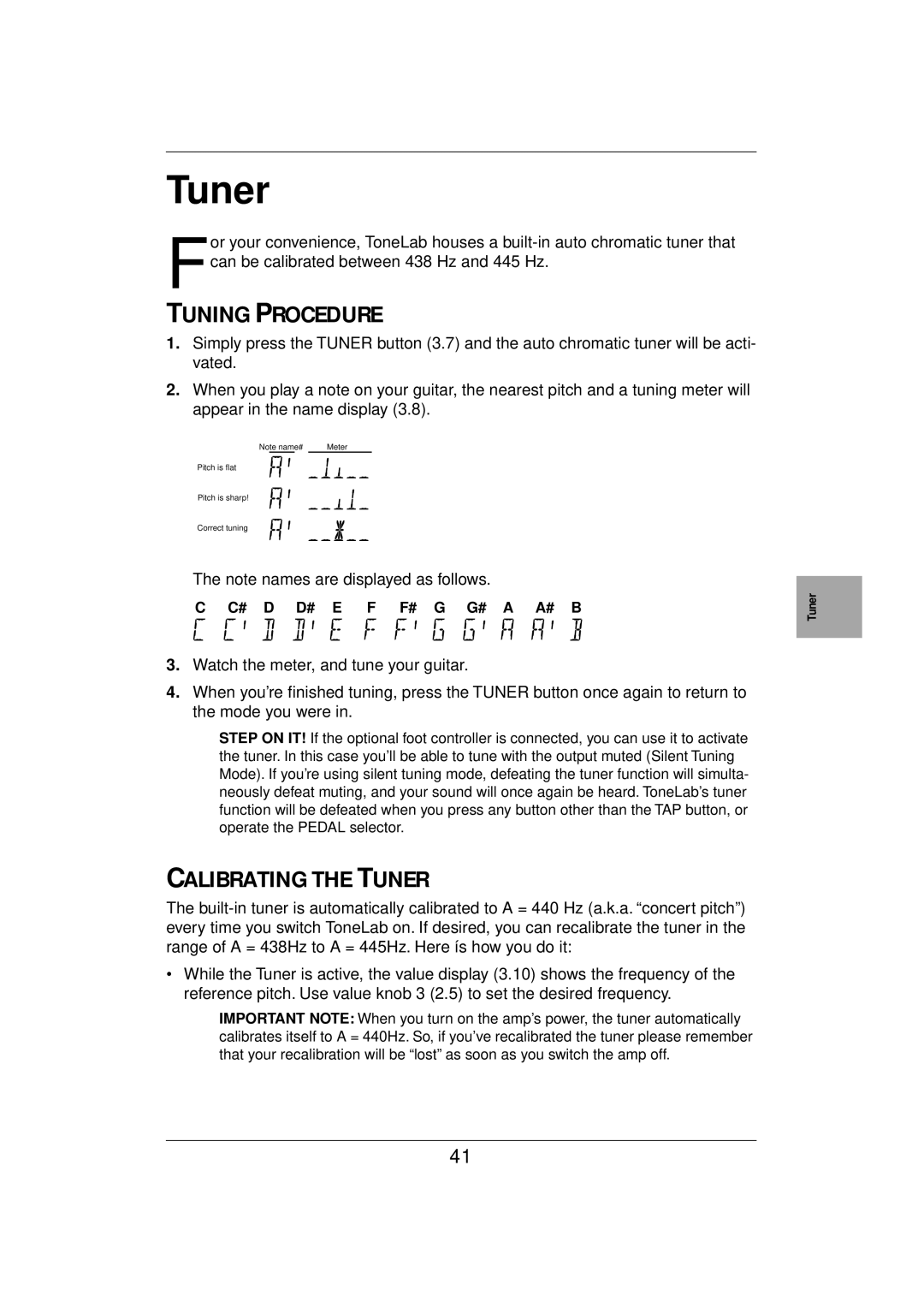 Vox E 1 owner manual Tuning Procedure, Calibrating the Tuner 