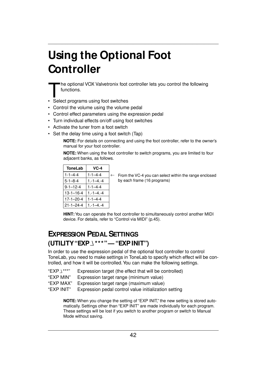 Vox E 1 owner manual Using the Optional Foot Controller, Expression Pedal Settings 