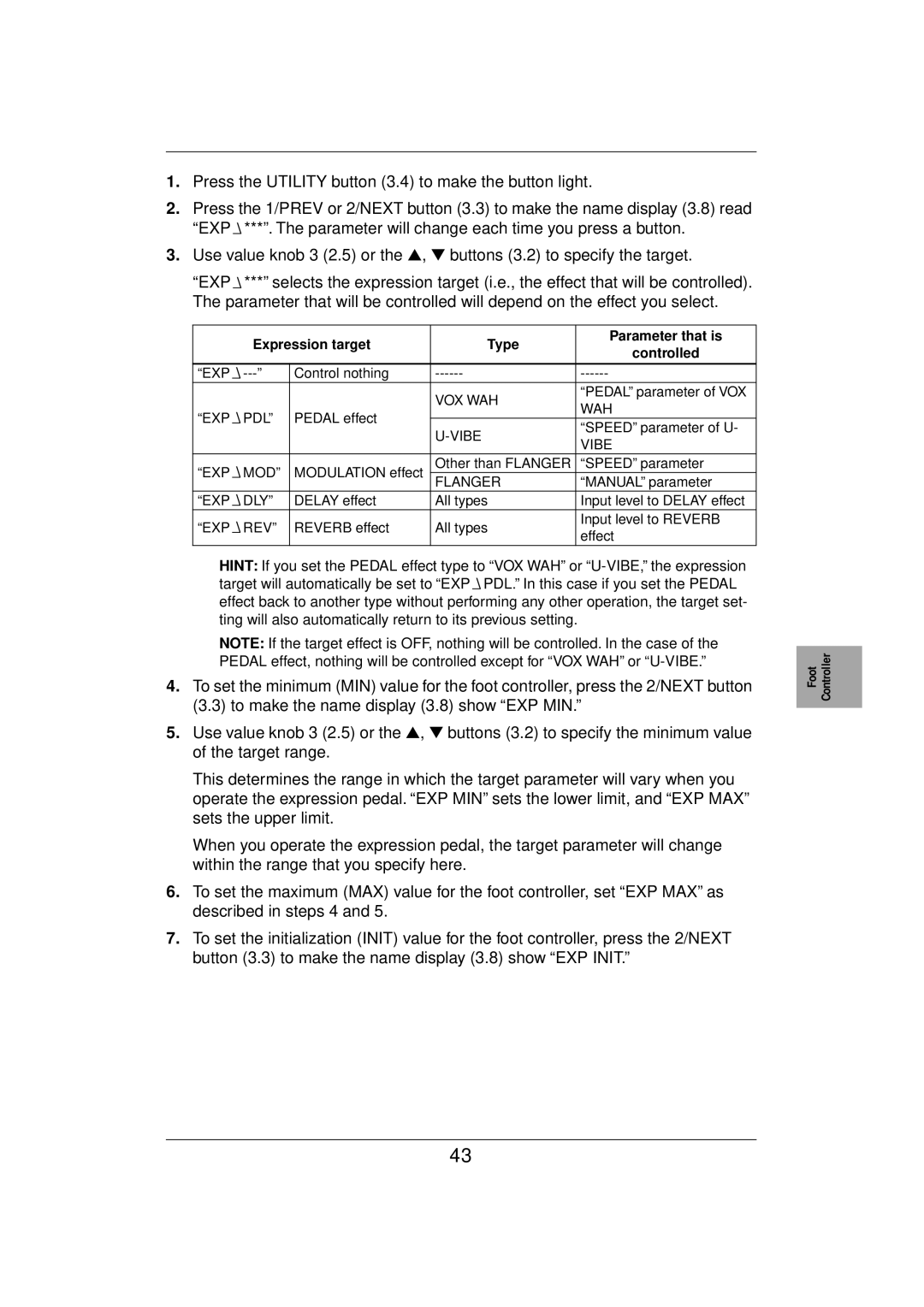 Vox E 1 owner manual Expression target Type Parameter that is Controlled 