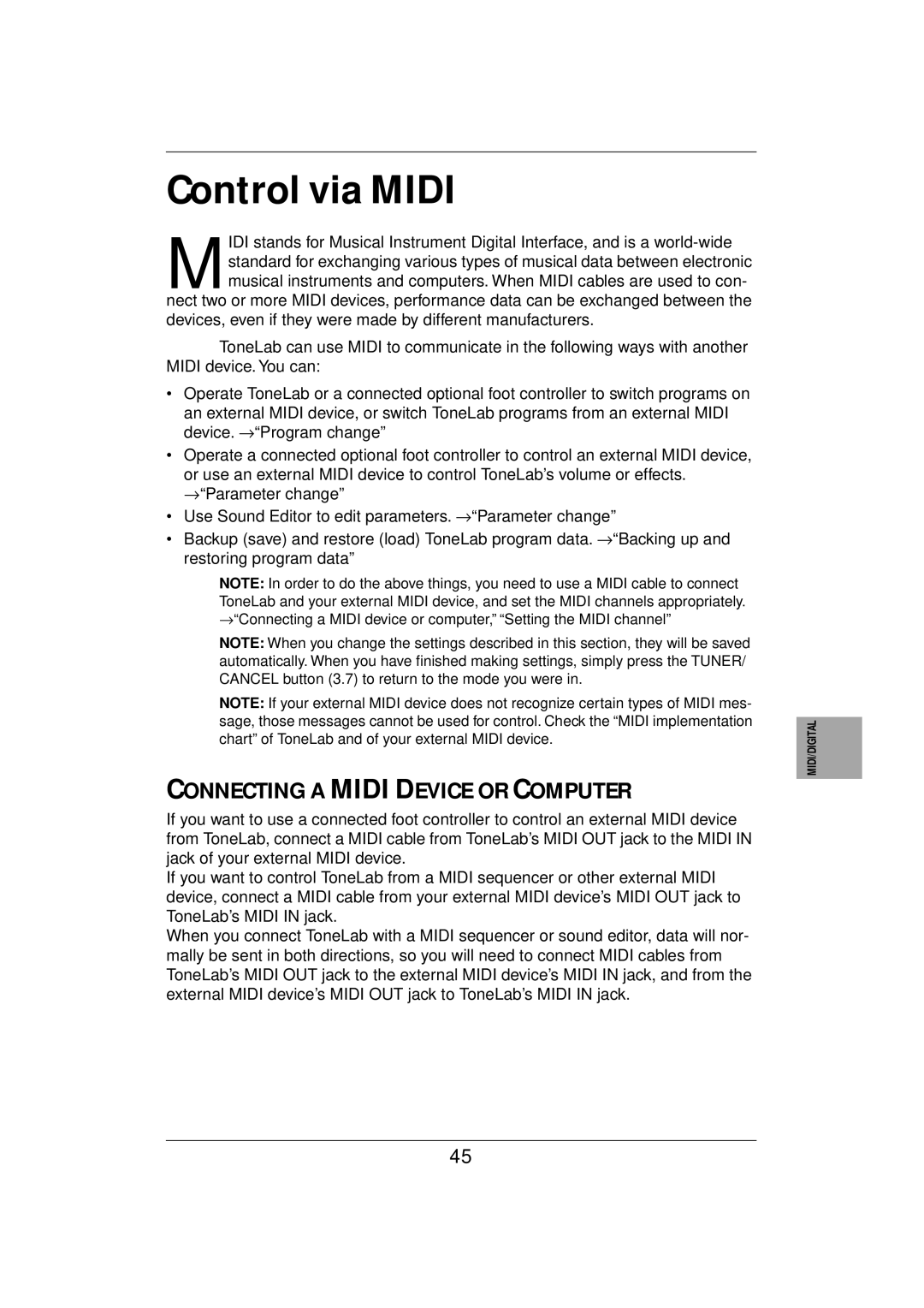 Vox E 1 owner manual Control via Midi, Connecting a Midi Device or Computer 