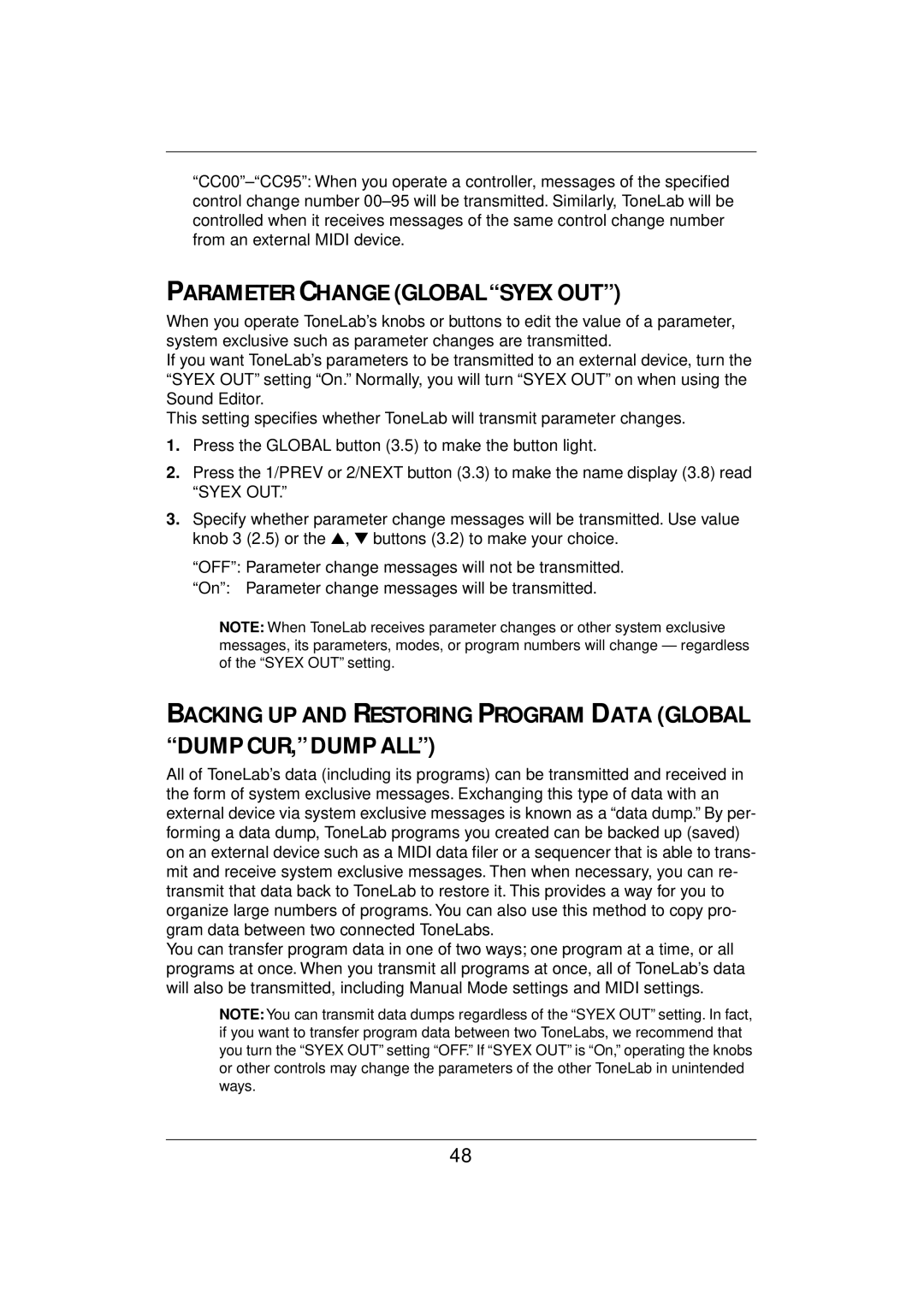 Vox E 1 owner manual Parameter Change Global Syex OUT, Backing UP and Restoring Program Data Global 