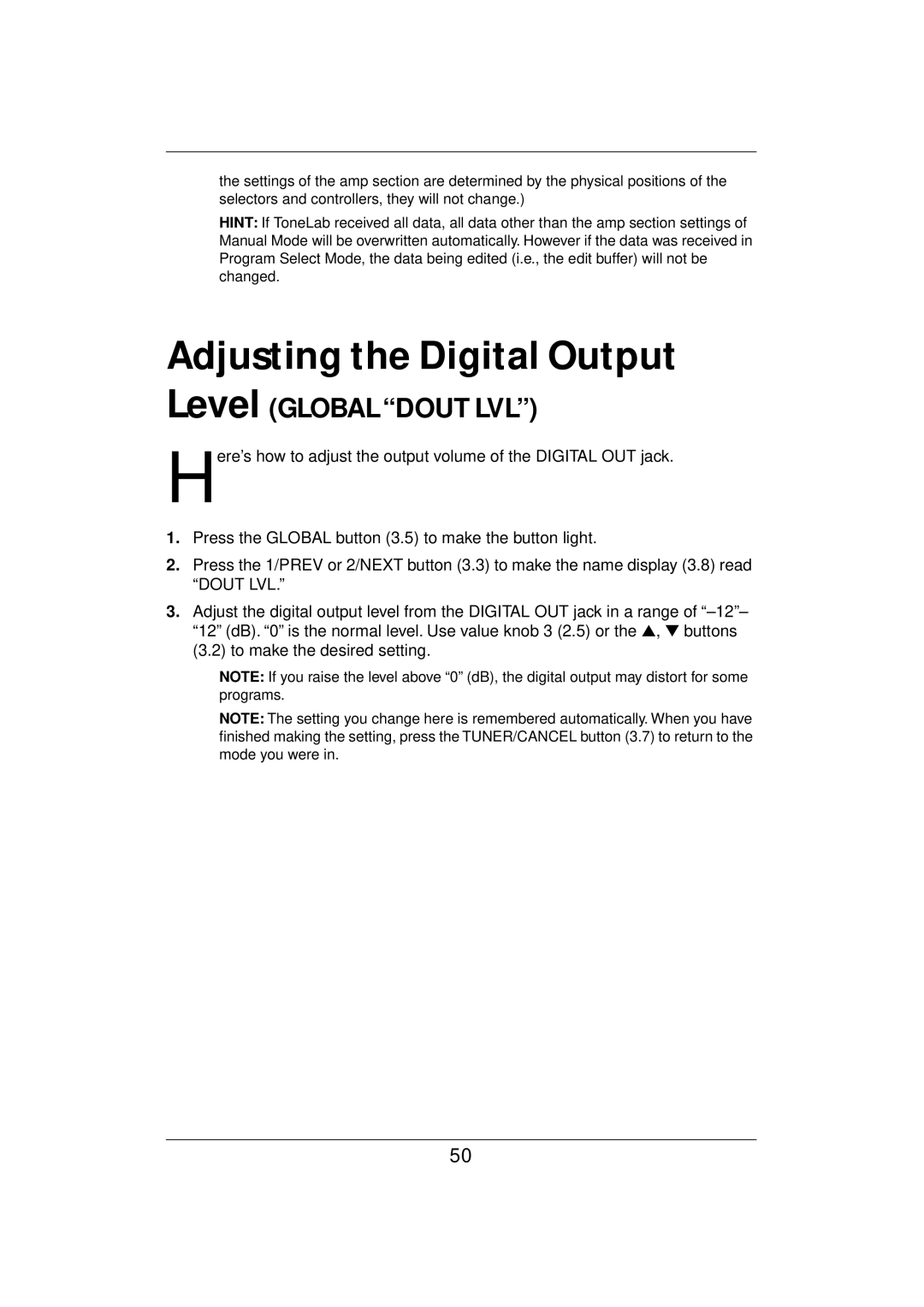 Vox E 1 owner manual Adjusting the Digital Output, Level Global Dout LVL 