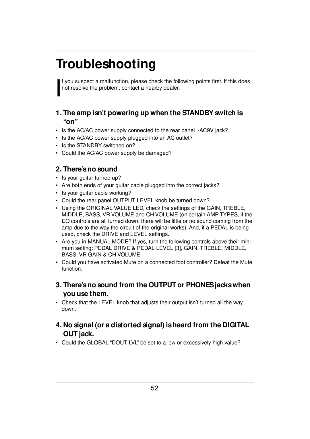 Vox E 1 owner manual Troubleshooting, Amp isn’t powering up when the Standby switch is on, There’s no sound 