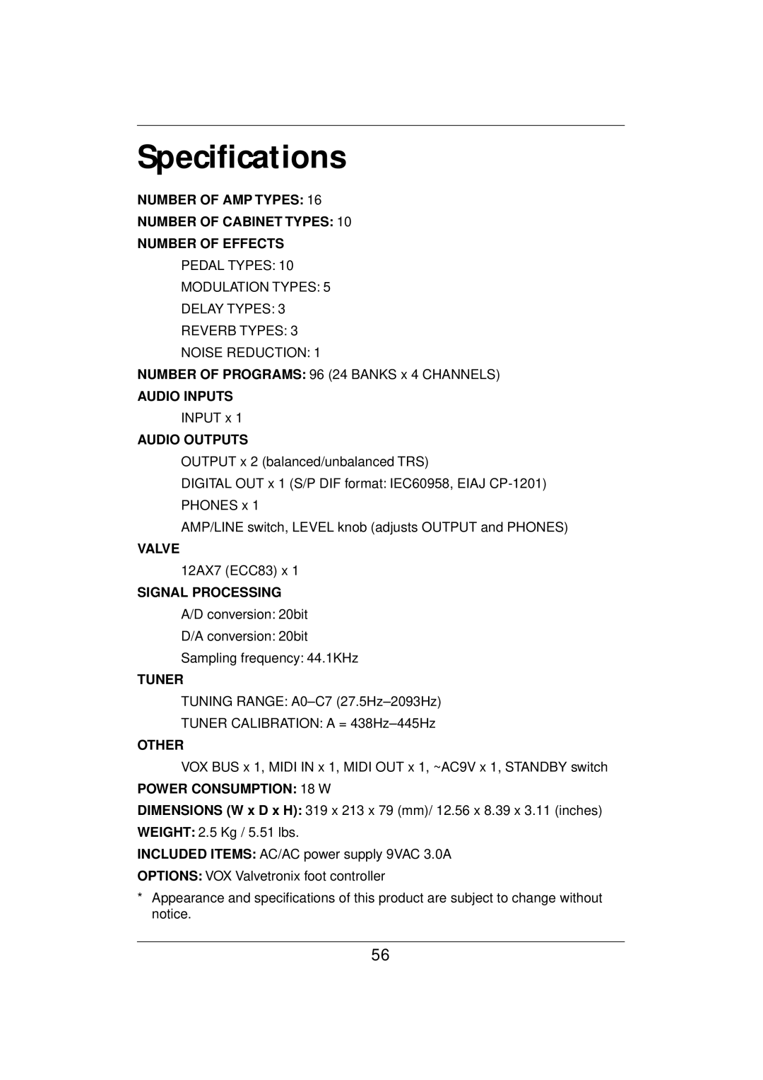 Vox E 1 owner manual Speciﬁcations, Audio Outputs 