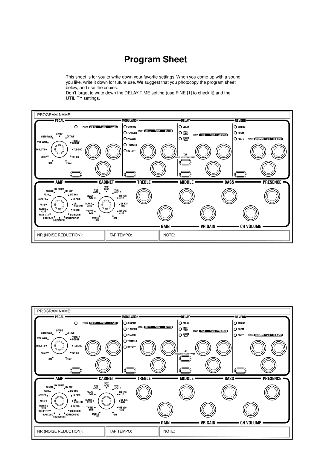 Vox E 1 owner manual Program Sheet 