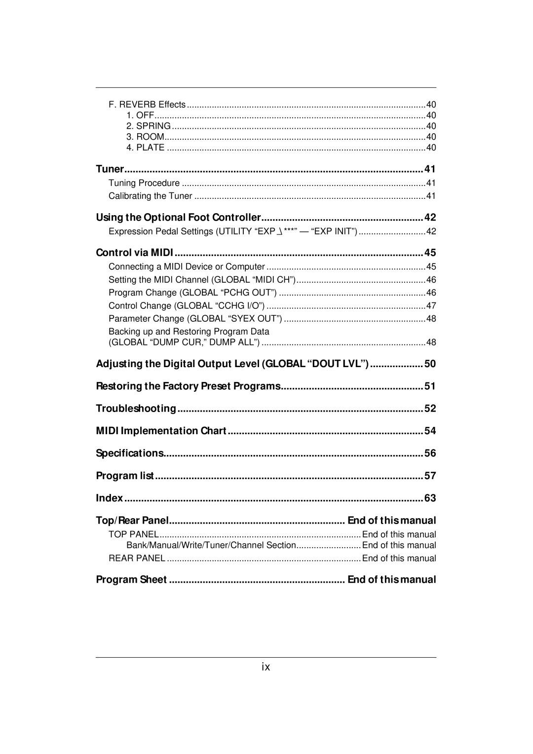 Vox E 1 owner manual Using the Optional Foot Controller, Restoring the Factory Preset Programs, End of this manual 