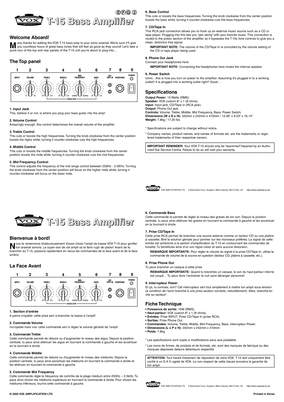 Vox T-15 specifications Welcome Aboard, Top panel, Specifications, Bienvenue à bord, La Face Avant, Fiche Technique 