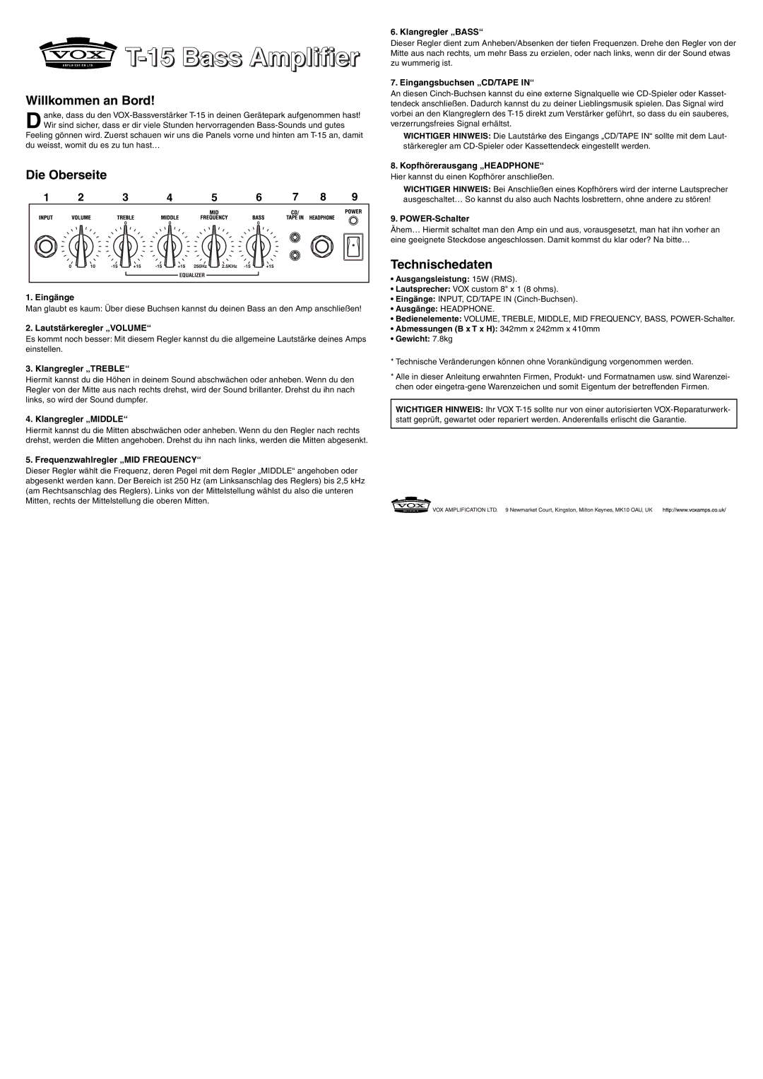 Vox T-15 specifications Willkommen an Bord, Die Oberseite, Technischedaten 