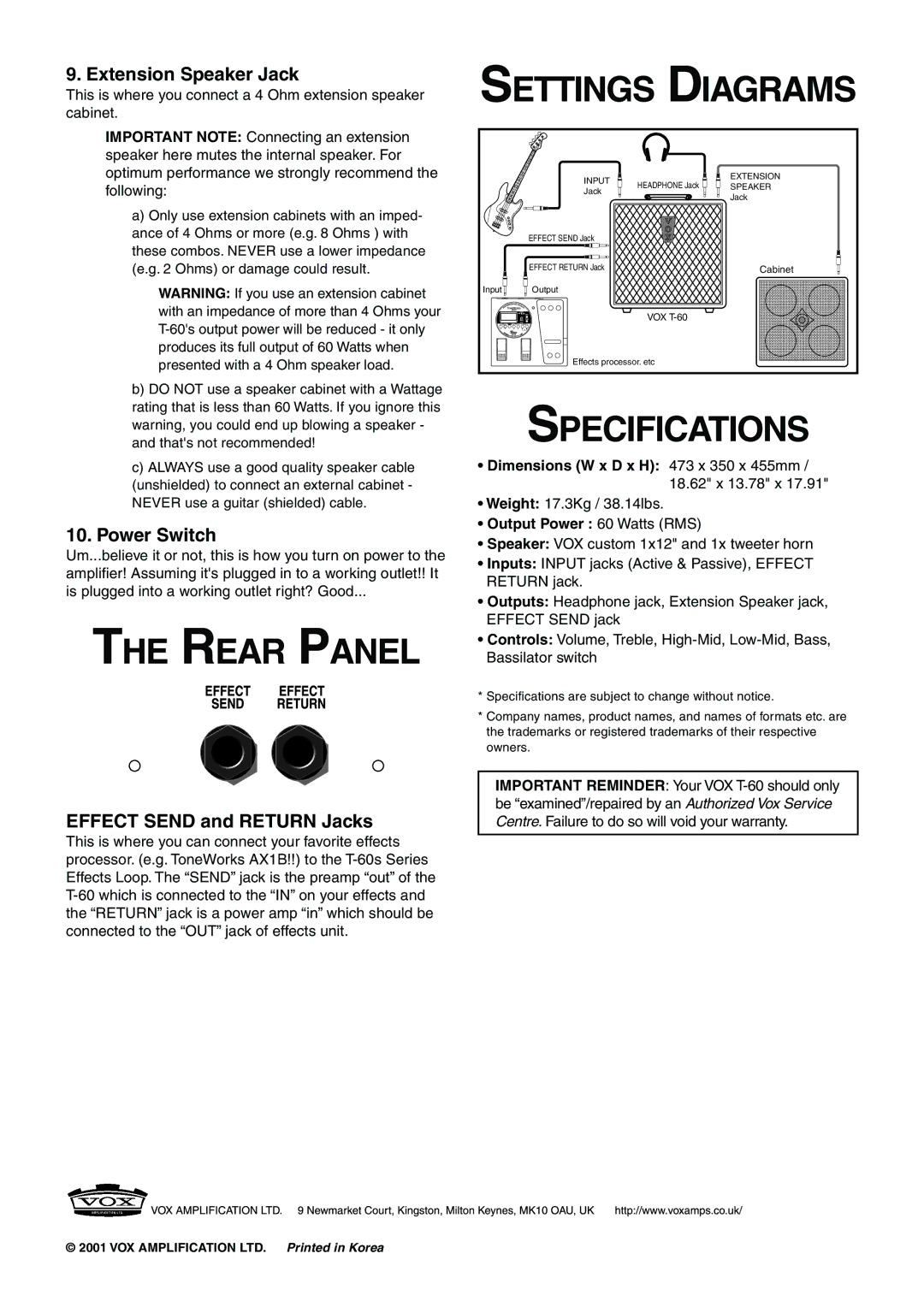 Vox T-60 manual Rear Panel, Settings Diagrams, Specifications 