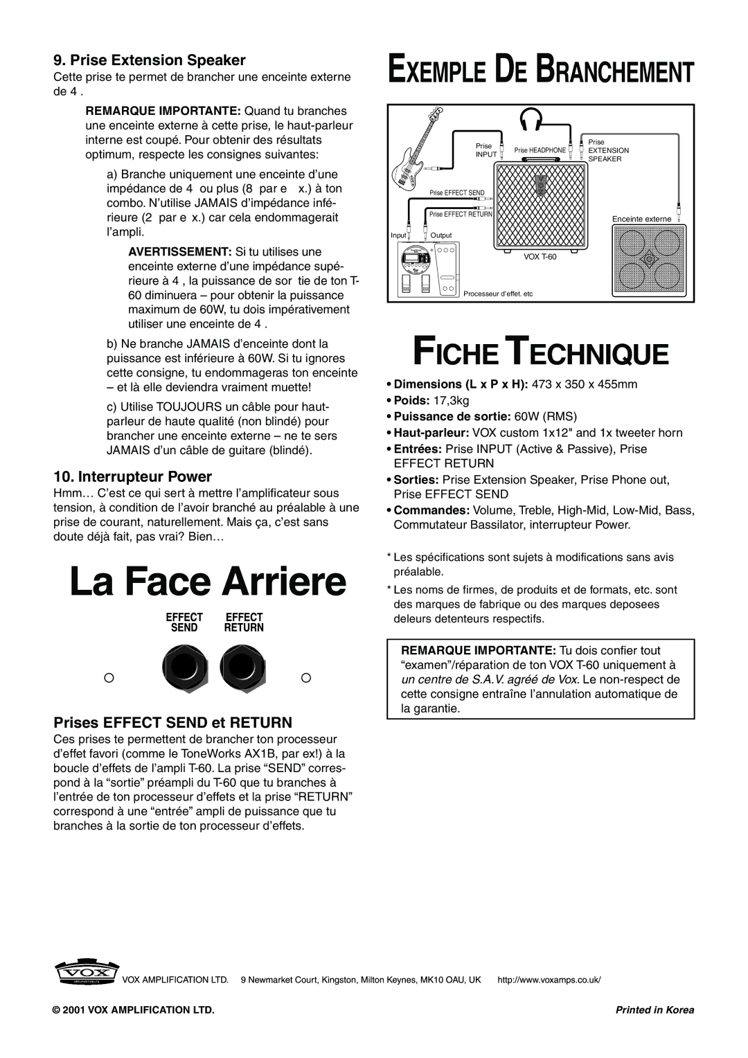 Vox T-60 manual Fiche Technique, Prise Extension Speaker, Interrupteur Power, Prises Effect Send et Return 