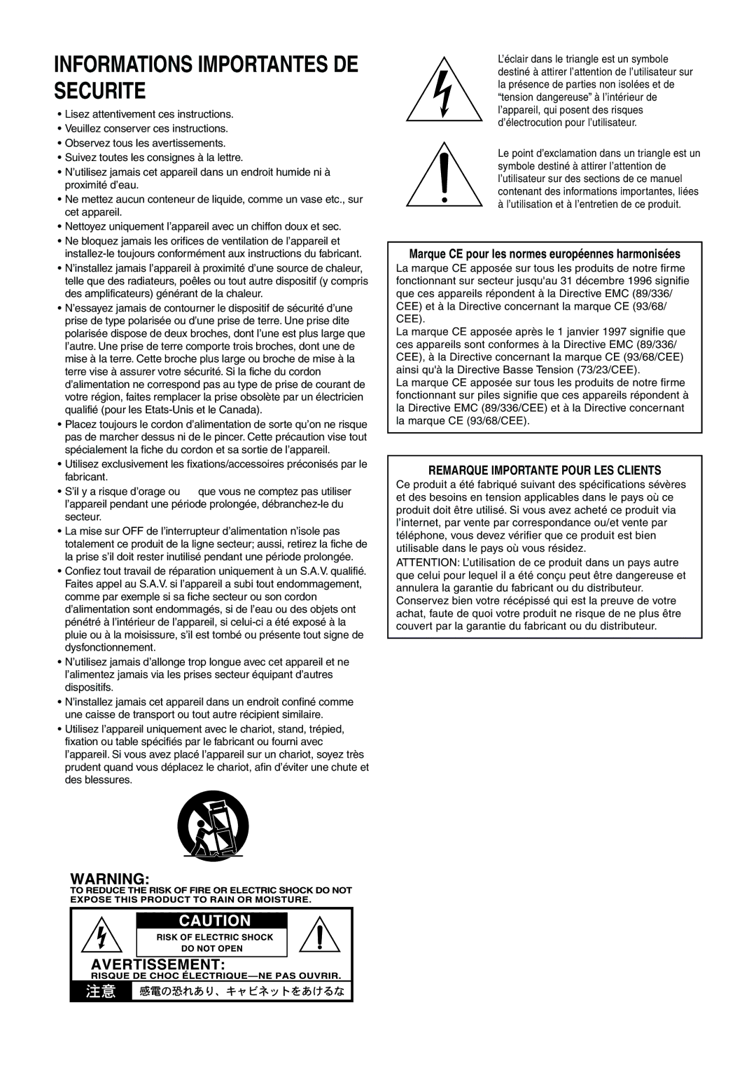 Vox T-60 manual Marque CE pour les normes européennes harmonisées, Remarque Importante Pour LES Clients 