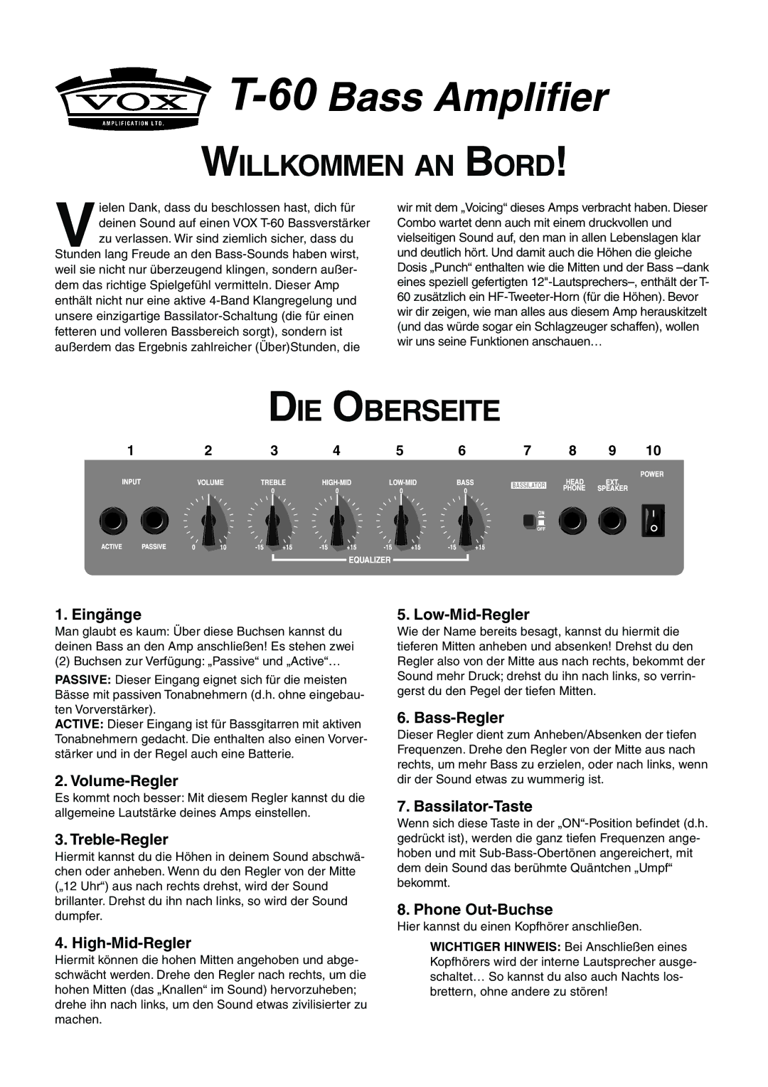 Vox T-60 manual Willkommen AN Bord, DIE Oberseite 