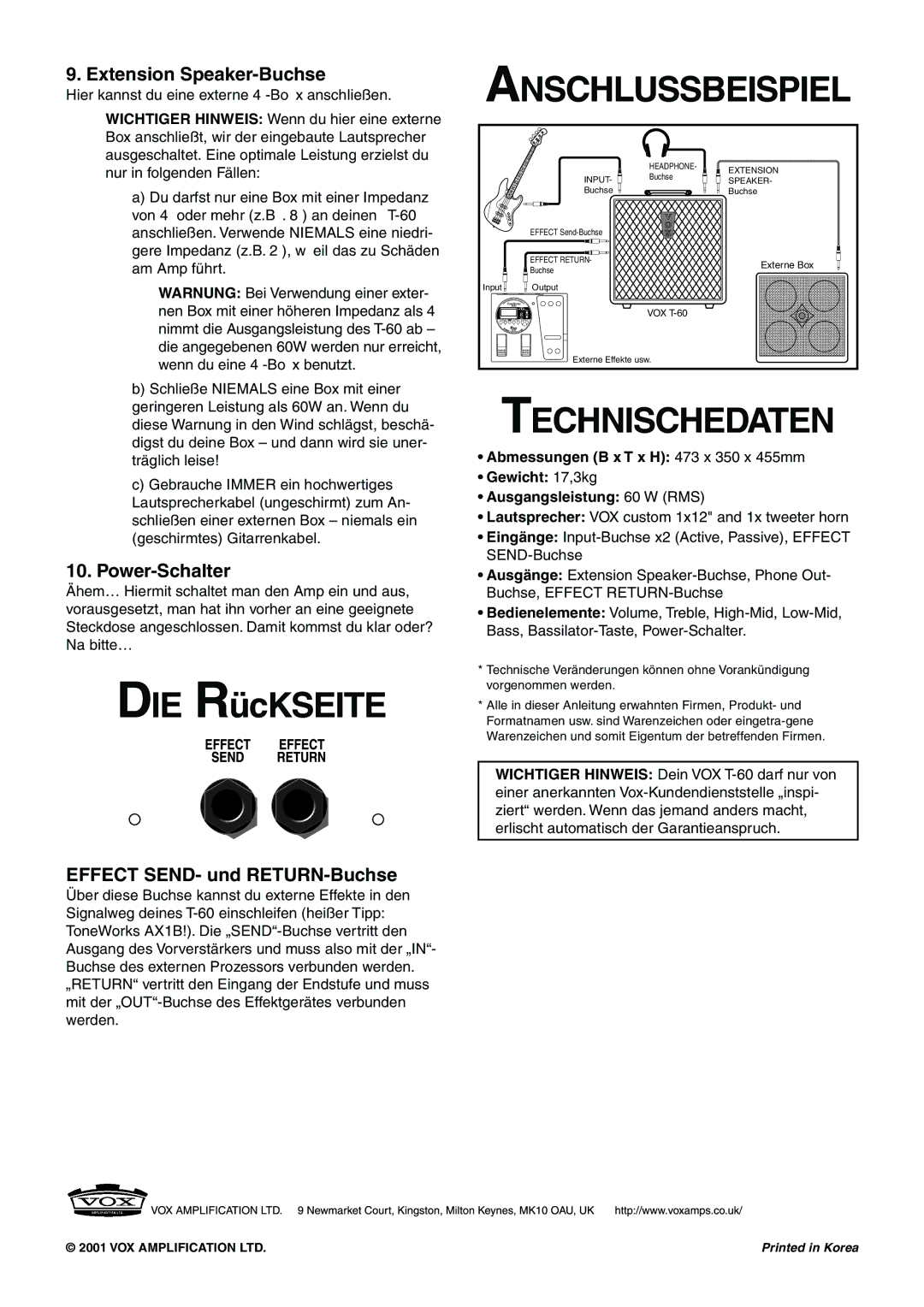 Vox T-60 Anschlussbeispiel, Technischedaten, Extension Speaker-Buchse, Power-Schalter, Effect SEND- und RETURN-Buchse 