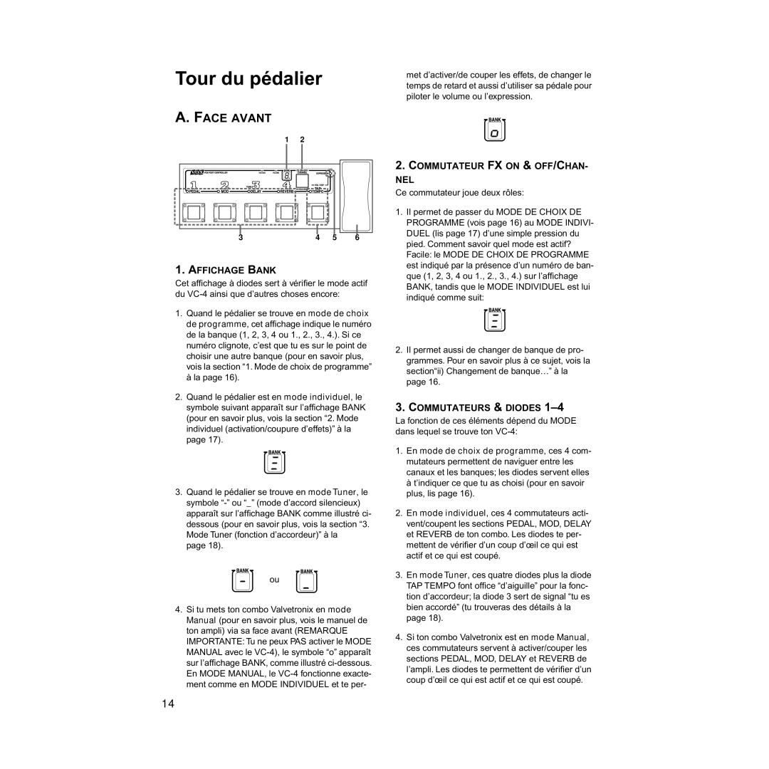 Vox VC-4 manual Tour du pédalier, Face Avant, Affichage Bank, Commutateur FX on & OFF/CHAN NEL, Commutateurs & Diodes 