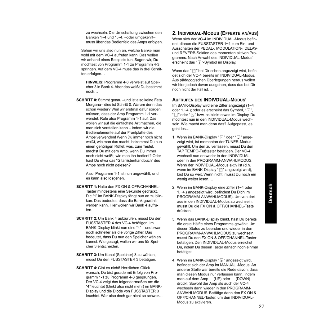 Vox VC-4 manual INDIVIDUAL-MODUS Effekte AN/AUS, Aufrufen DES INDIVDUAL-MODUS’ 