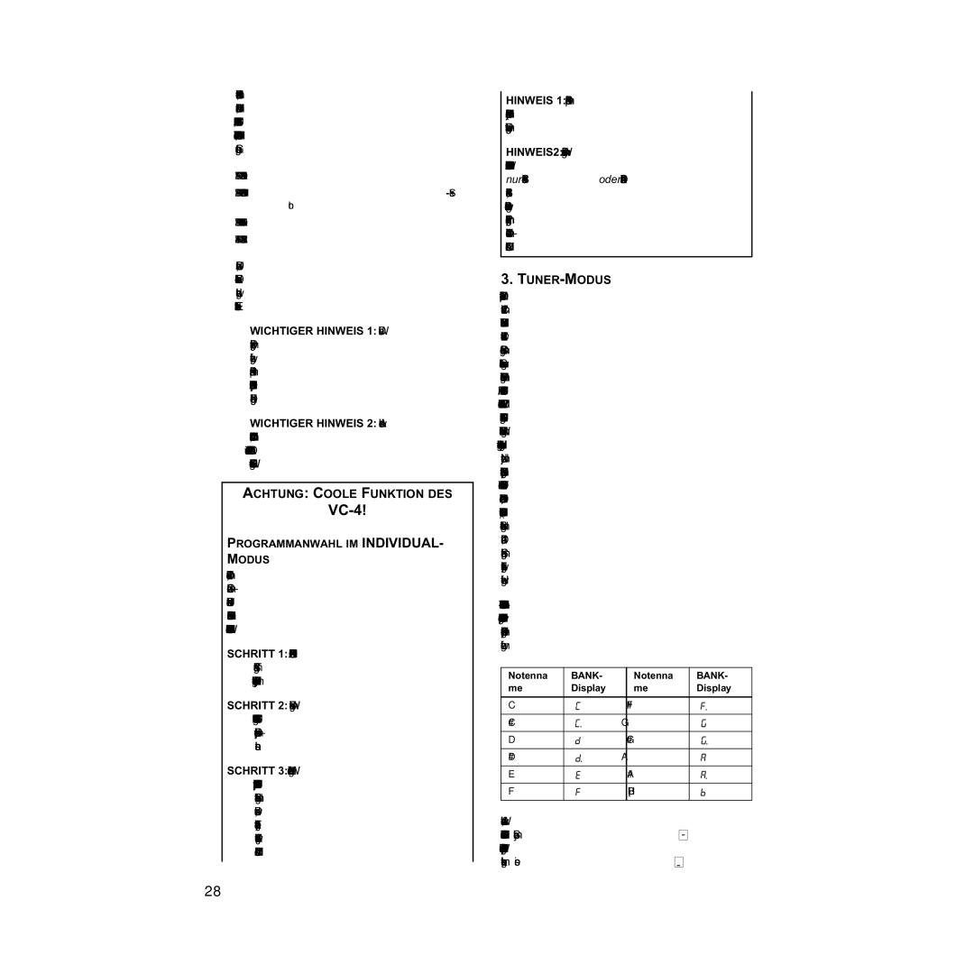 Vox VC-4 manual Achtung Coole Funktion DES, Tuner-Modus, Programmanwahl IM INDIVIDUAL- Modus 