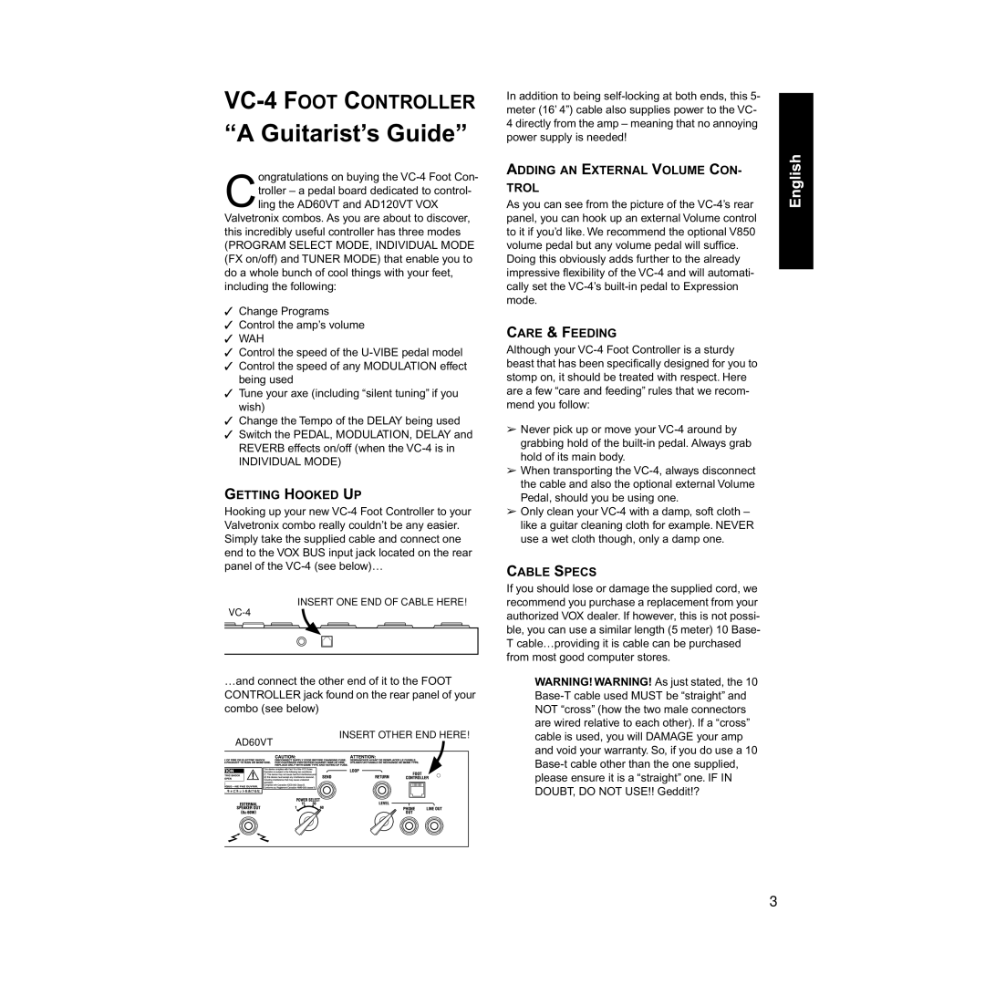 Vox VC-4 manual Guitarist’s Guide, Getting Hooked UP, Adding AN External Volume CON Trol, Care & Feeding, Cable Specs 