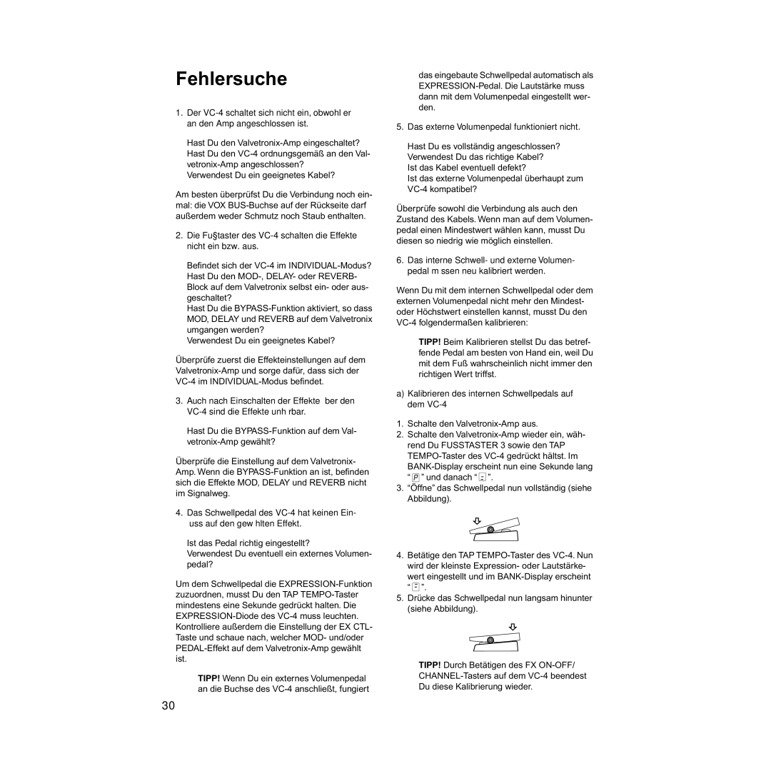 Vox manual Fehlersuche, Das externe Volumenpedal funktioniert nicht, Kalibrieren des internen Schwellpedals auf dem VC-4 