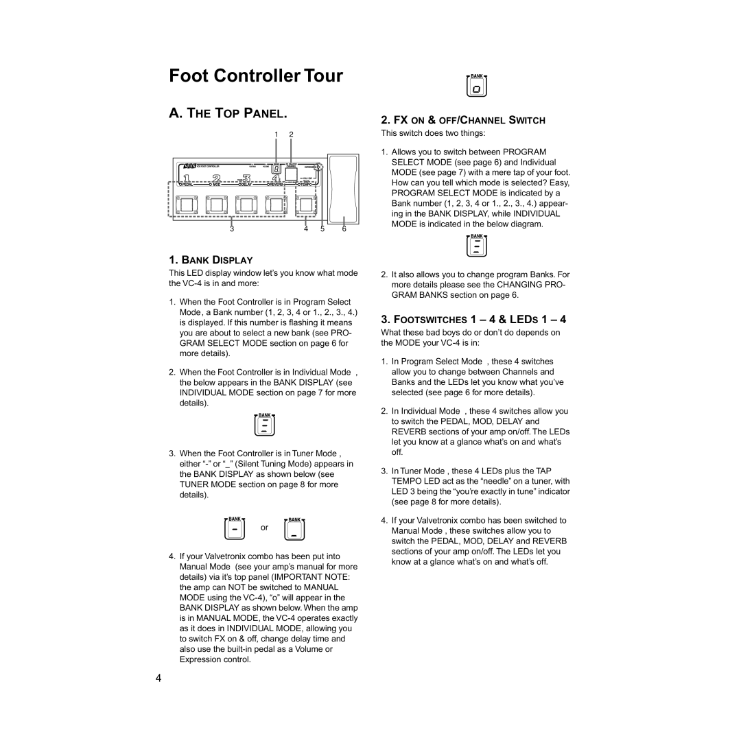 Vox VC-4 manual Foot Controller Tour, TOP Panel, FX on & OFF/CHANNEL Switch, Bank Display 