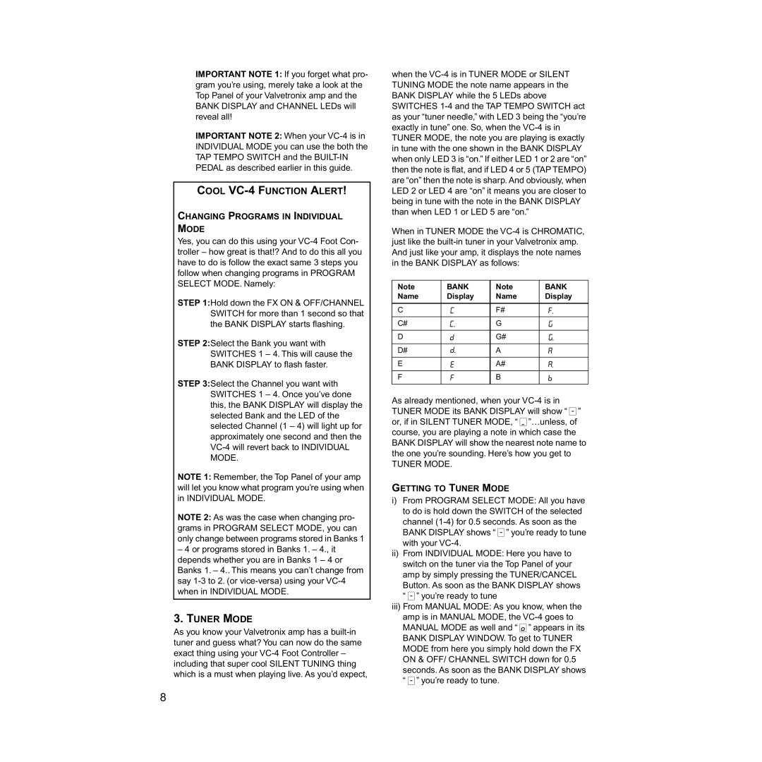 Vox manual Cool VC-4 Function Alert, Changing Programs in Individual Mode, Getting to Tuner Mode 