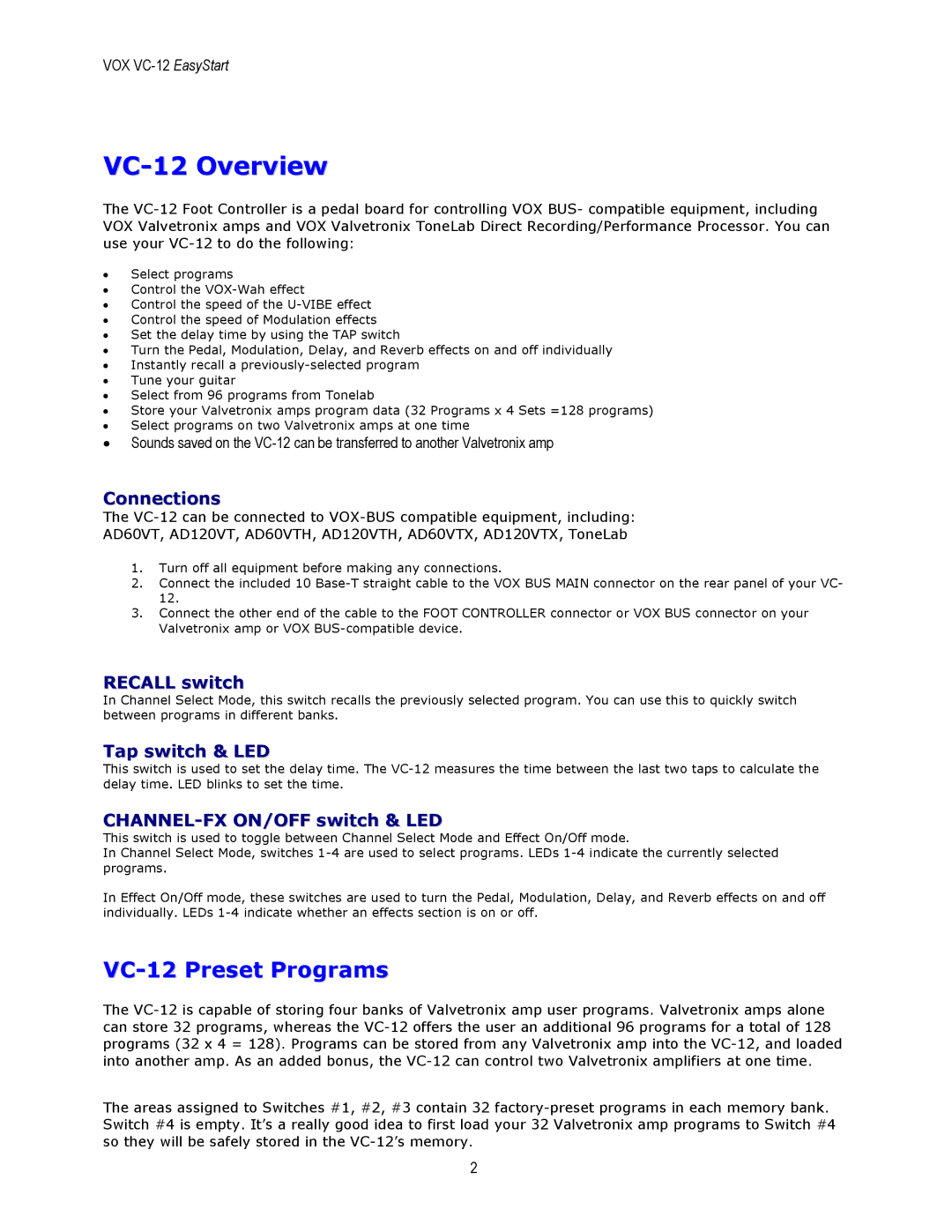 Vox Vc12 manual VC-12 Overview, Connections 