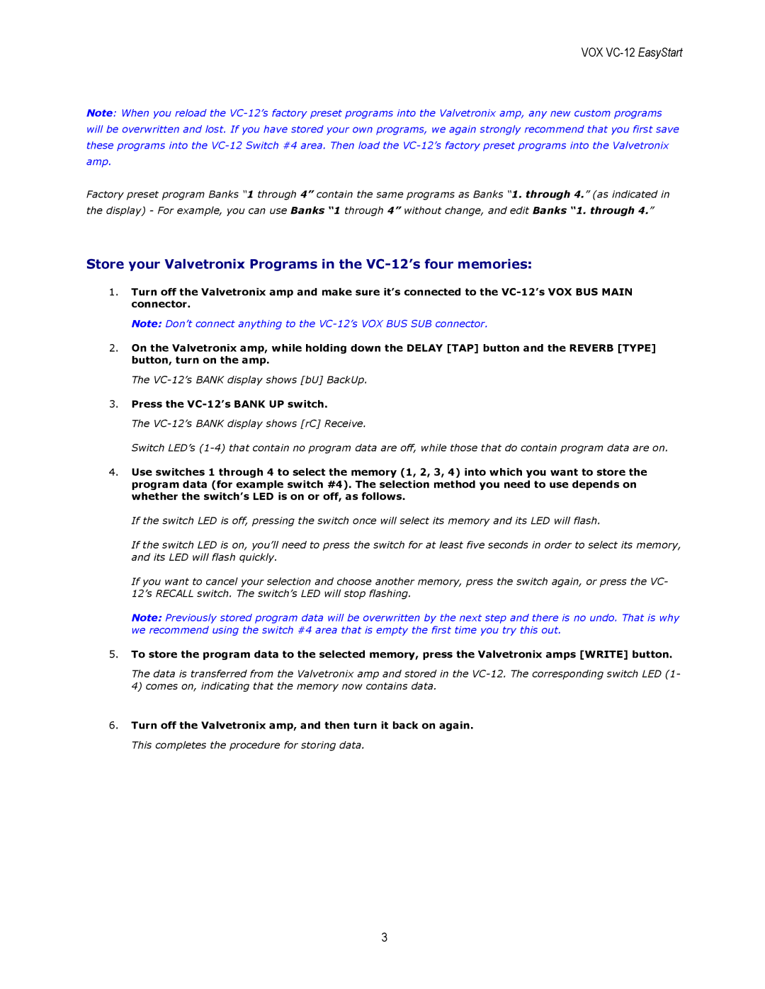 Vox Vc12 manual Store your Valvetronix Programs in the VC-12’s four memories 